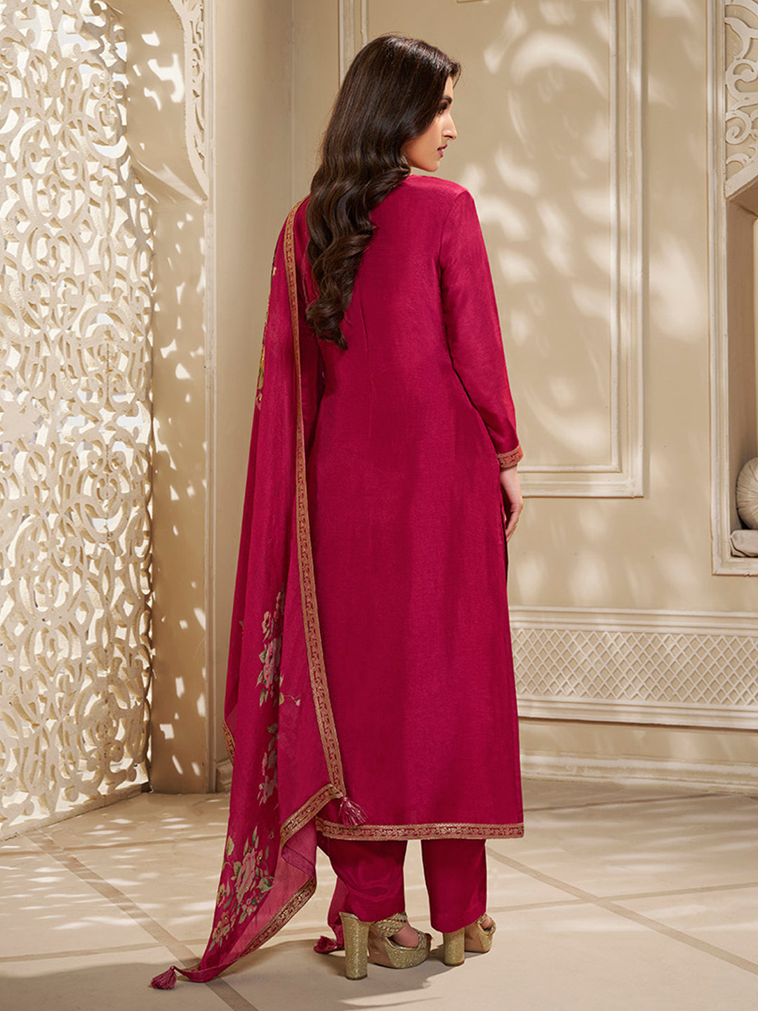 Dola Silk Jacquard Red Kurta With designer Yoke and handwork with trousers and Dupatta