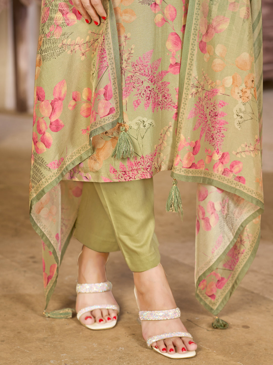 Pistachio Green Viscose Kurta Set with Floral Printed Work, Paired with Cambric Cotton Bottom and a Viscose Dupatta