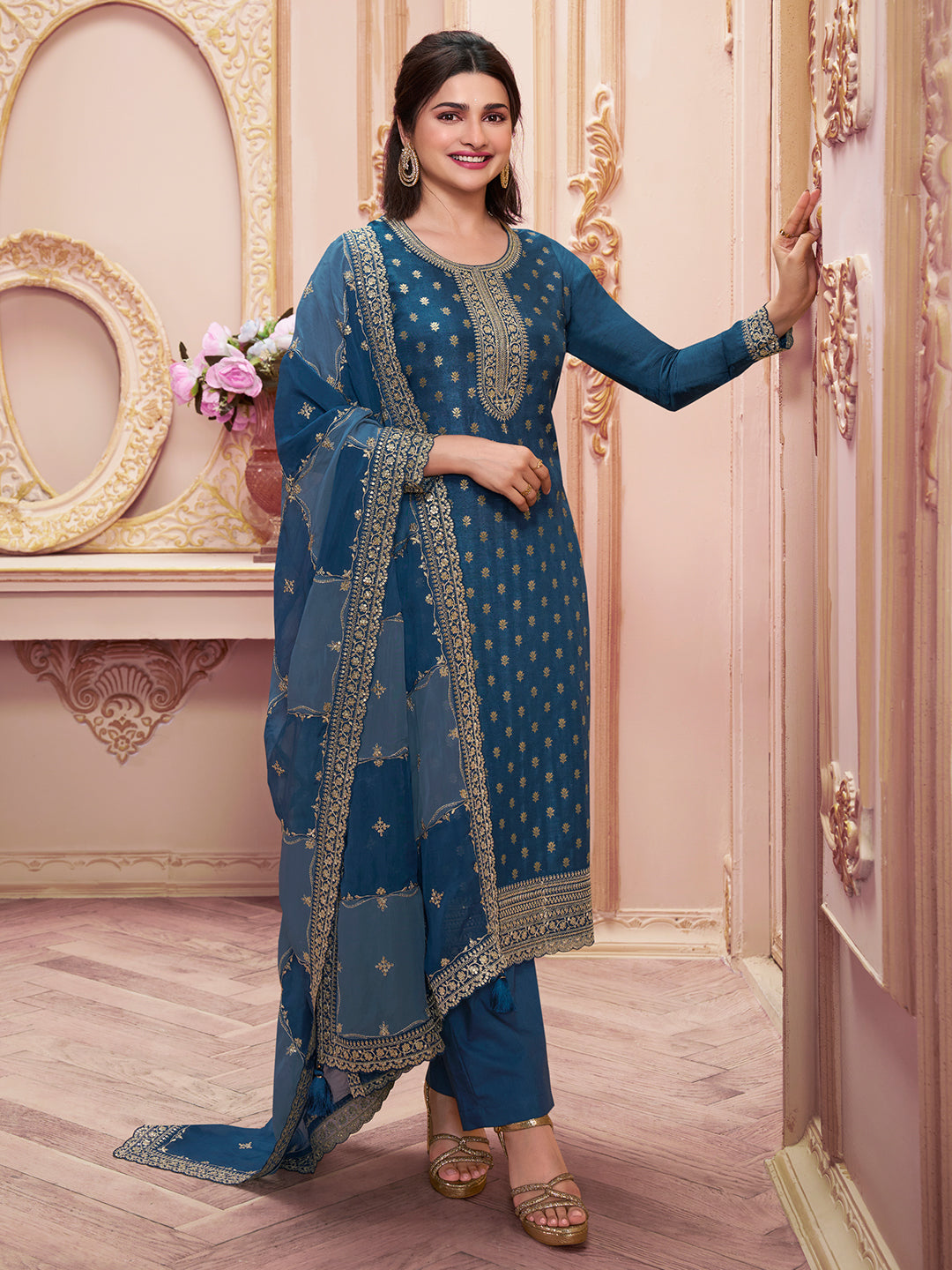 Blue Embroidered Kurta Set With Dola Jacquard and Heavy Sequins