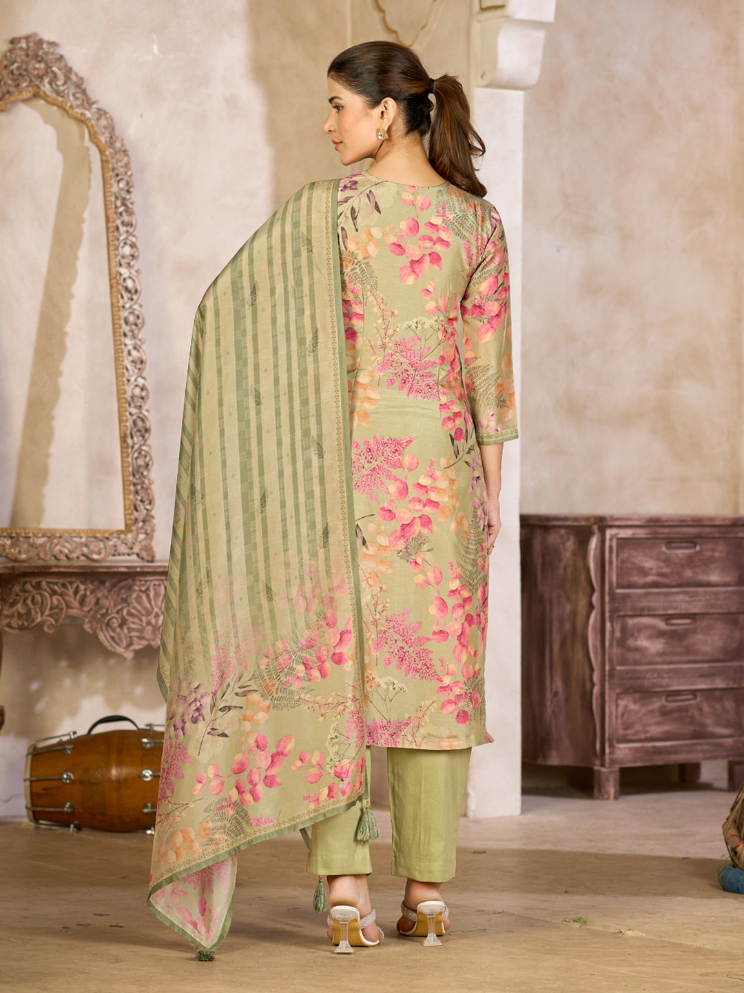 Pistachio Green Viscose Kurta Set with Floral Printed Work, Paired with Cambric Cotton Bottom and a Viscose Dupatta