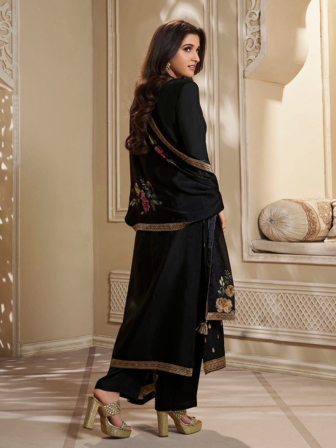 Dola Silk Jacquard Black Kurta With designer Yoke and handwork with trousers and Dupatta
