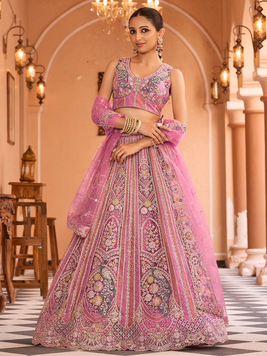 PINK - Net Fabric Sequins embroidery Semi-Stitched Lehenga & Unstitched Blouse With Dupatta