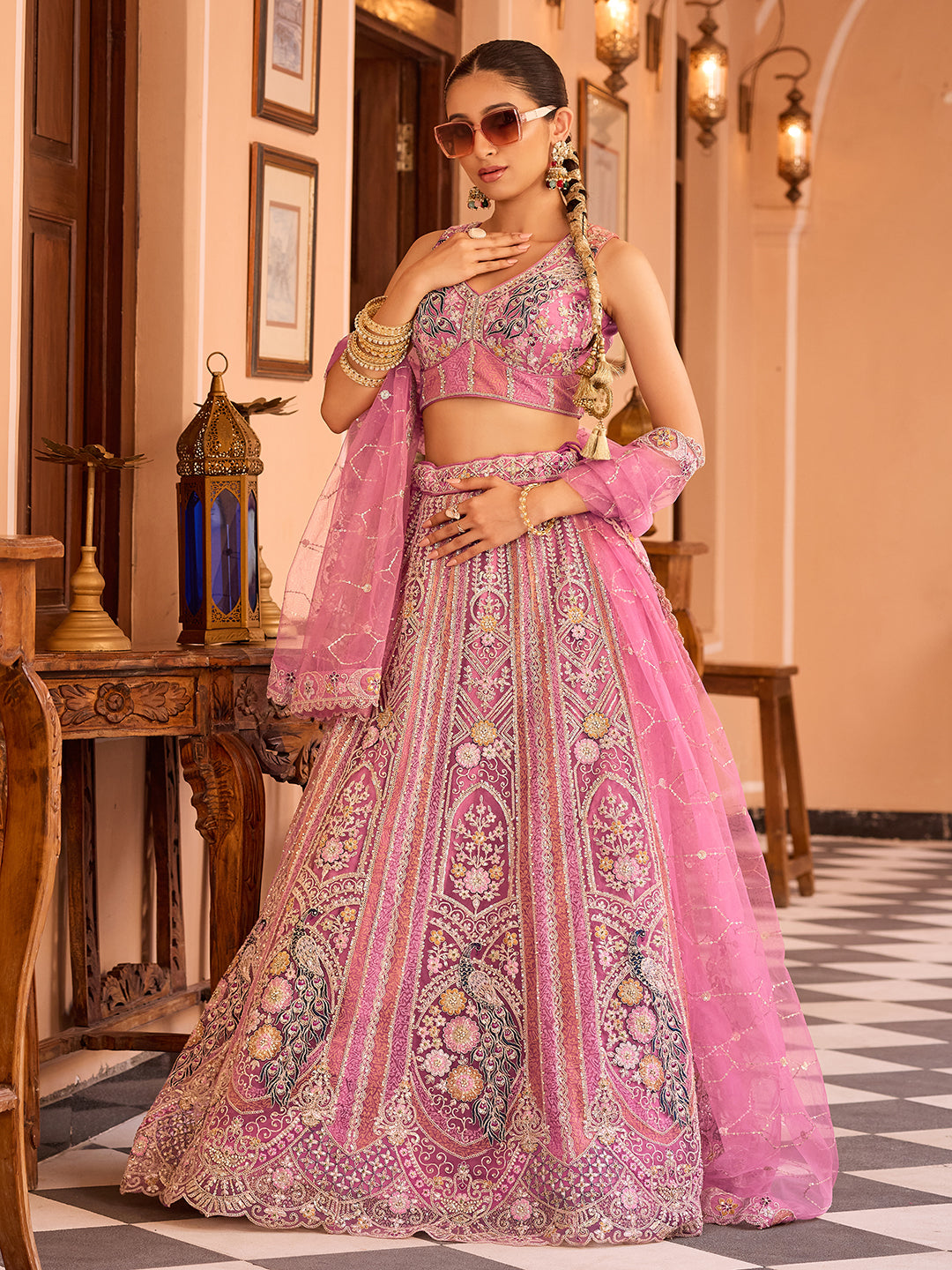 PINK - Net Fabric Sequins embroidery Semi-Stitched Lehenga & Unstitched Blouse With Dupatta