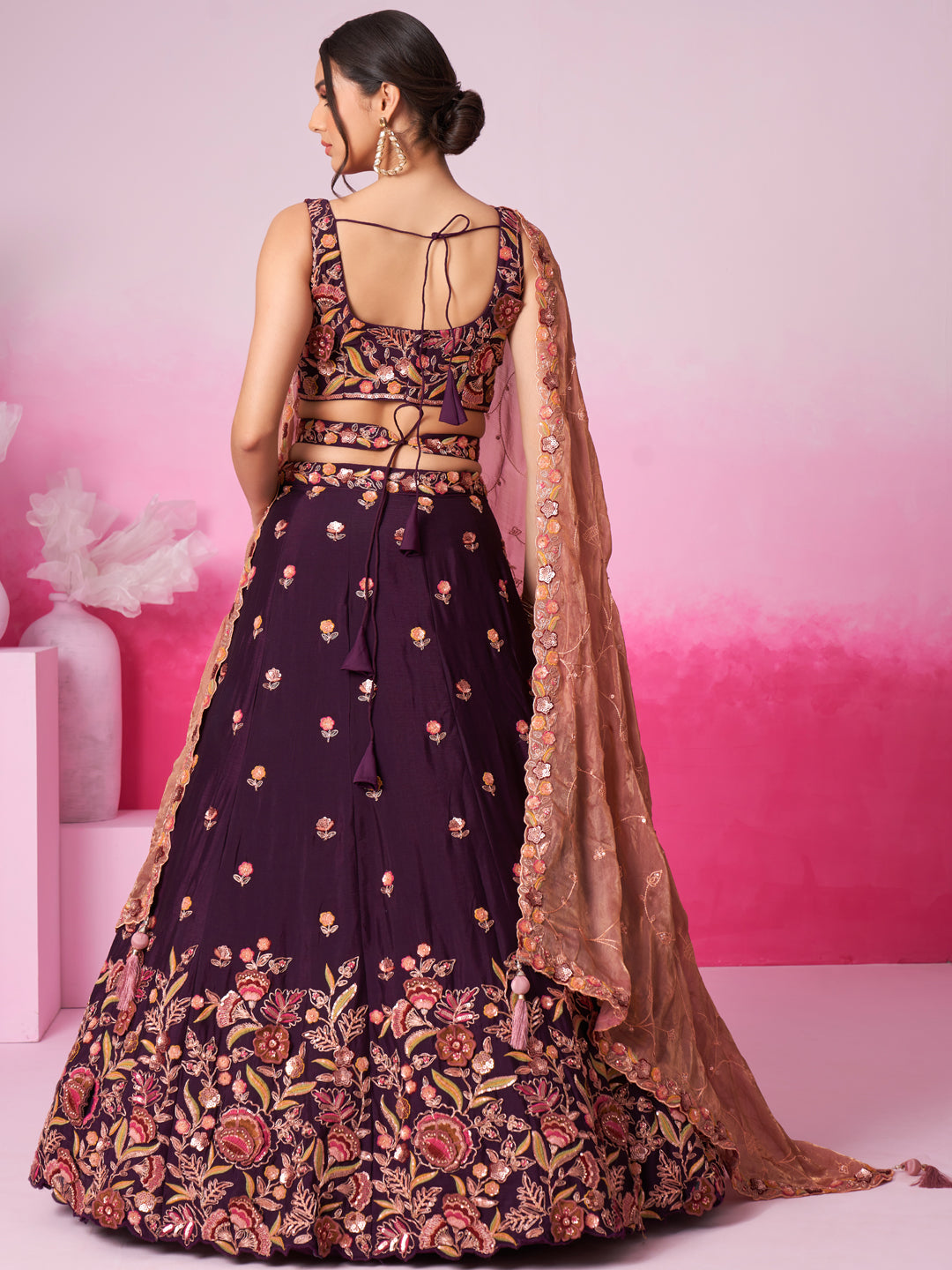 Burgundy - Golden Dull-Bright Sequin,Threaded,Zarkan Embroidered Organza Semi-Stitched Lehenga choli - qivii