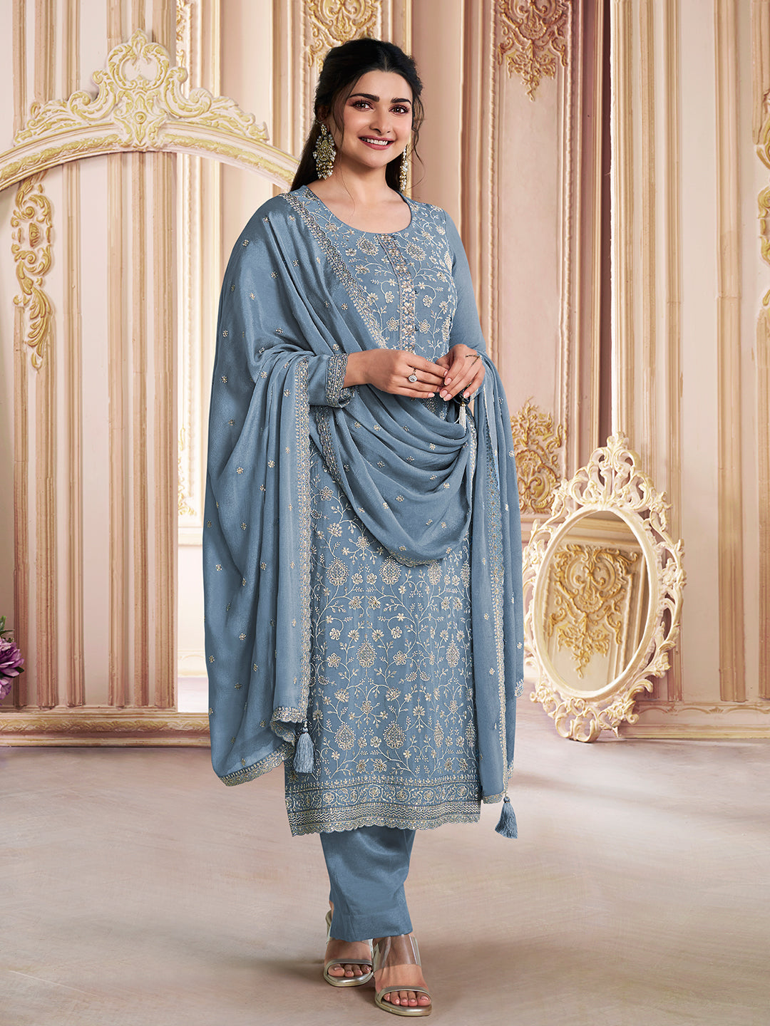Sky Blue Kurta Set Suit in White Thread Embroidered