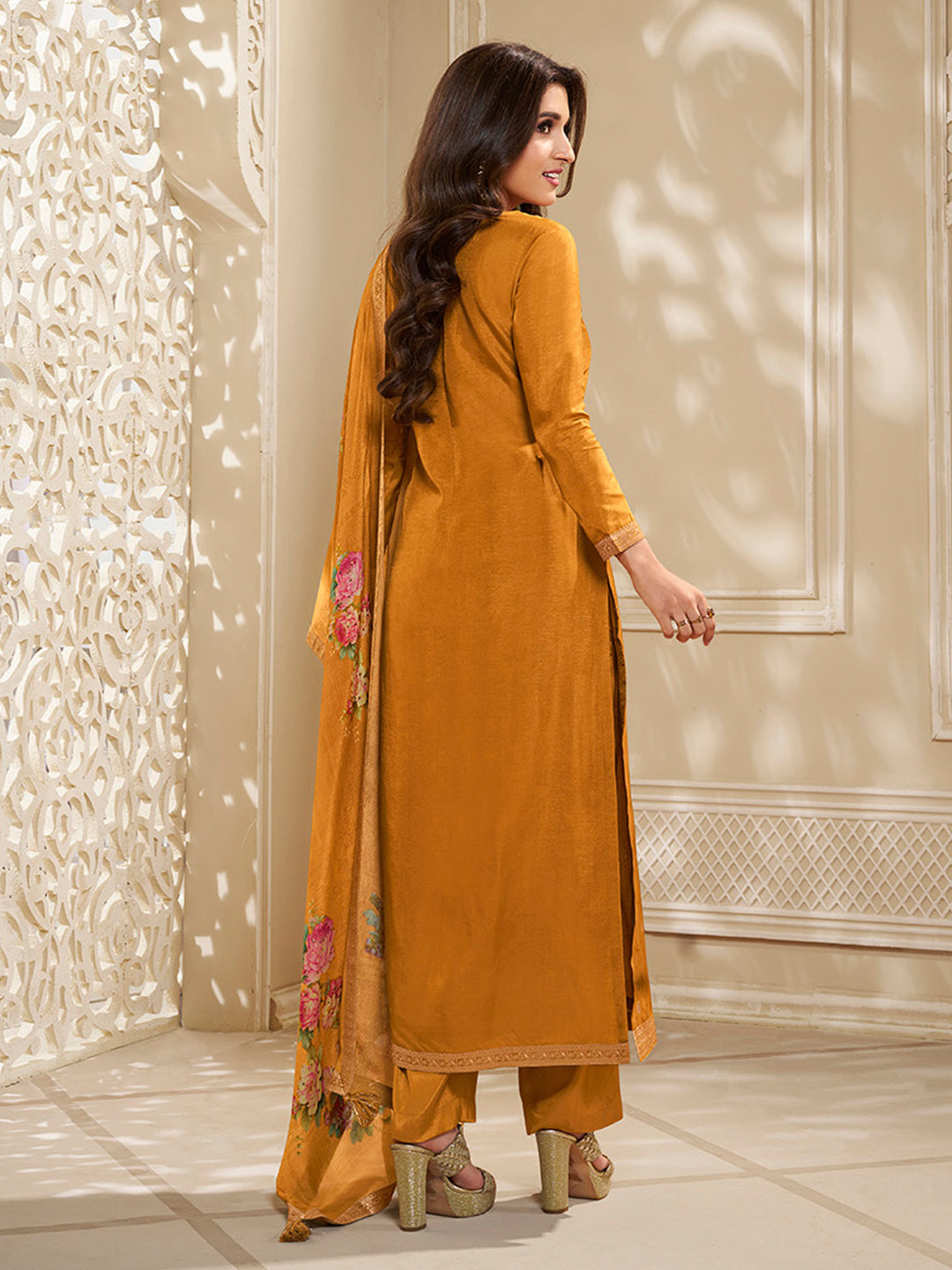 Dola Silk Jacquard Yellow Kurta With designer Yoke and handwork with trousers and Dupatta