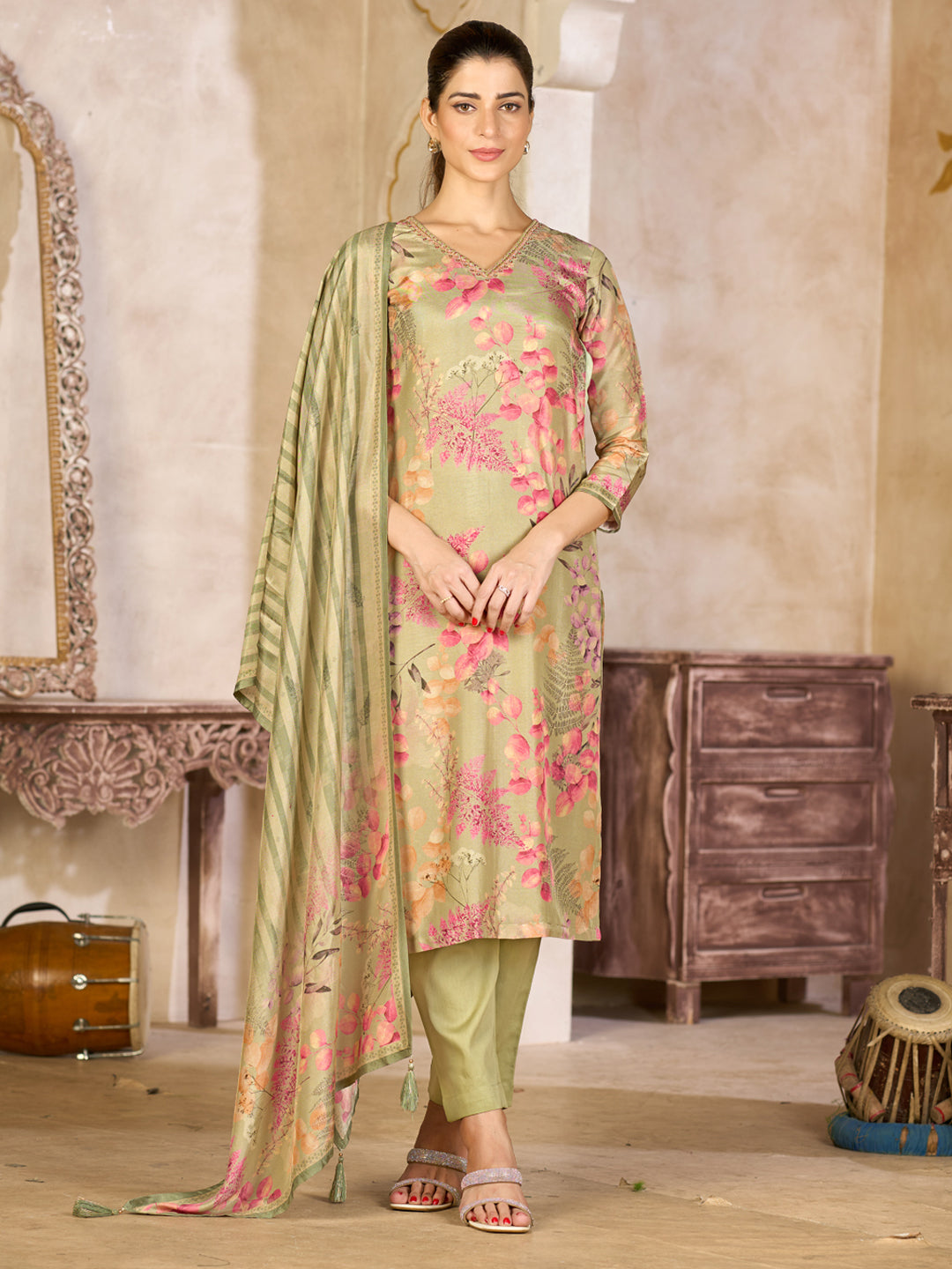 Pistachio Green Viscose Kurta Set with Floral Printed Work, Paired with Cambric Cotton Bottom and a Viscose Dupatta