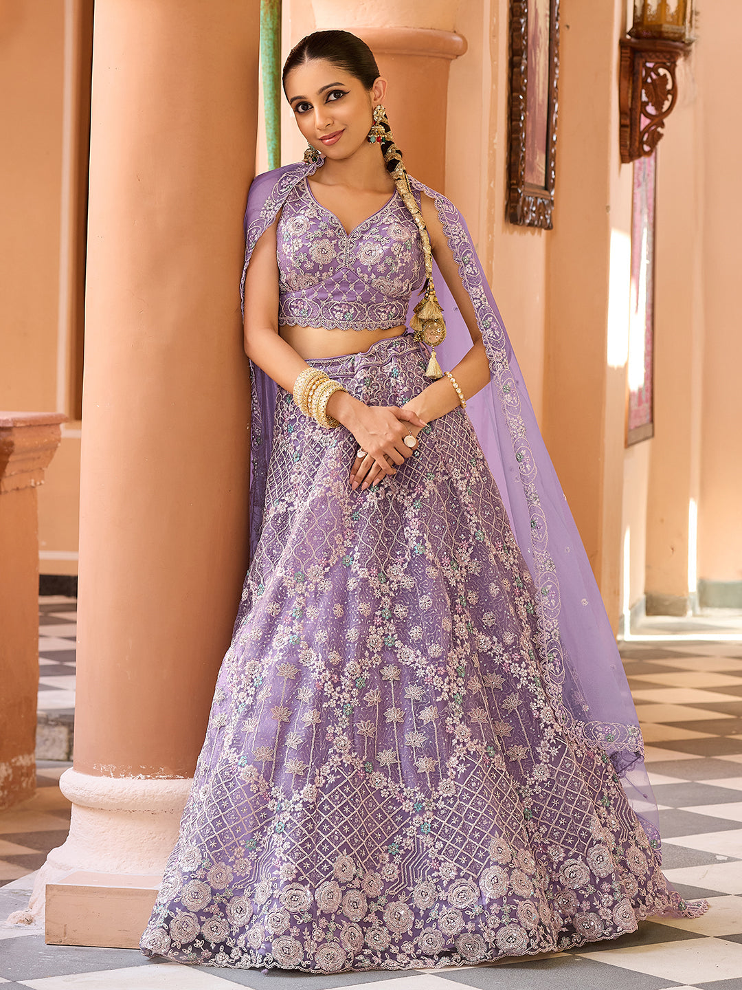 MAUVE - Net Fabric Sequins embroidery Semi-Stitched Lehenga & Unstitched Blouse With Dupatta