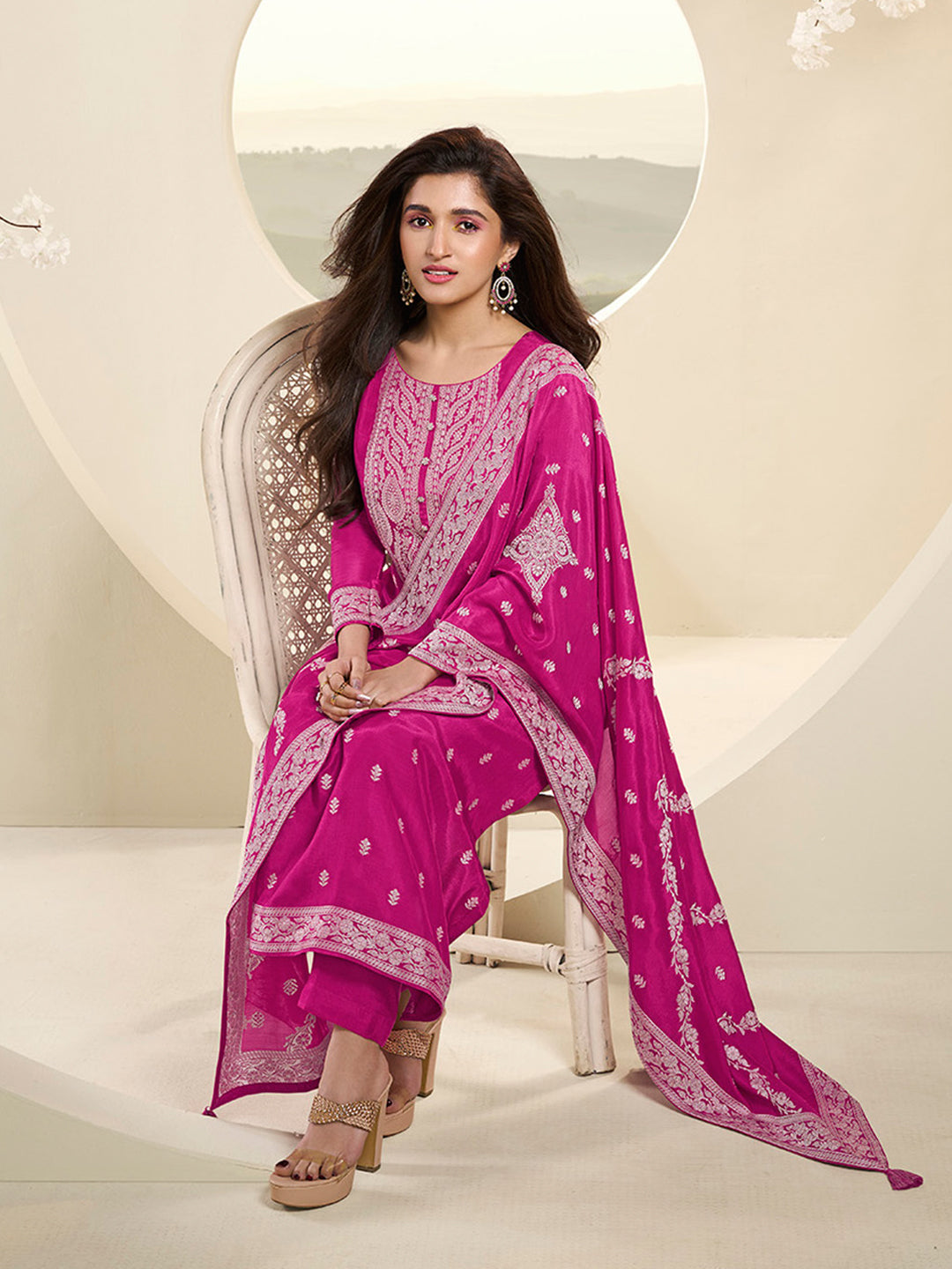 Muslin Jacquard Burnt Pink Kurta Suit Set with White Thread Weave with Handcrafted Buttons