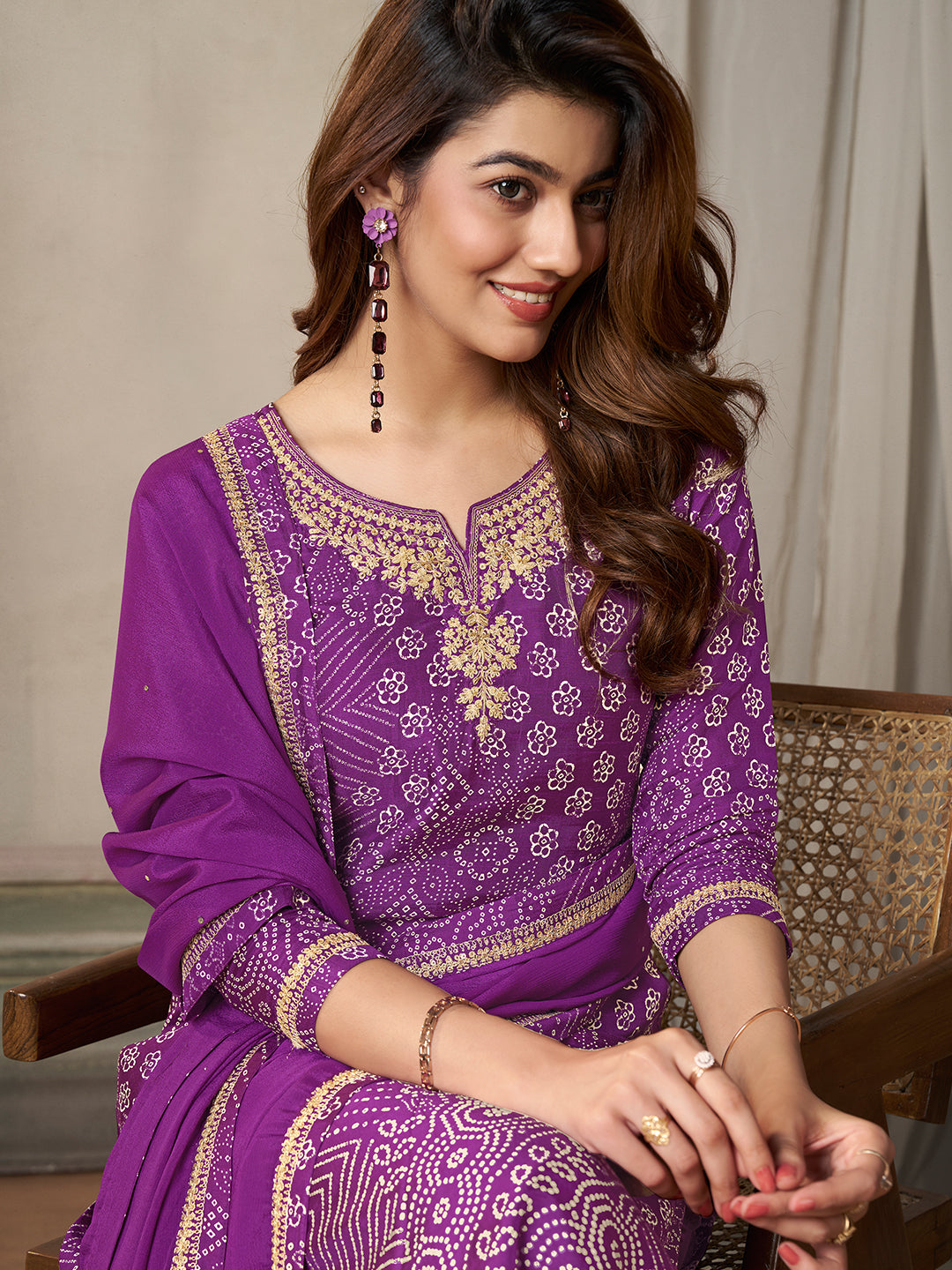 Purple Dola Bandhani Printed with Embroidery Kurta Suit Set
