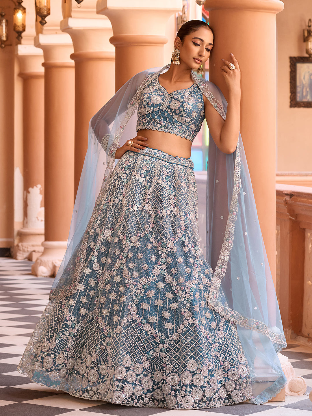 TEAL - Net Fabric Sequins embroidery Semi-Stitched Lehenga & Unstitched Blouse With Dupatta