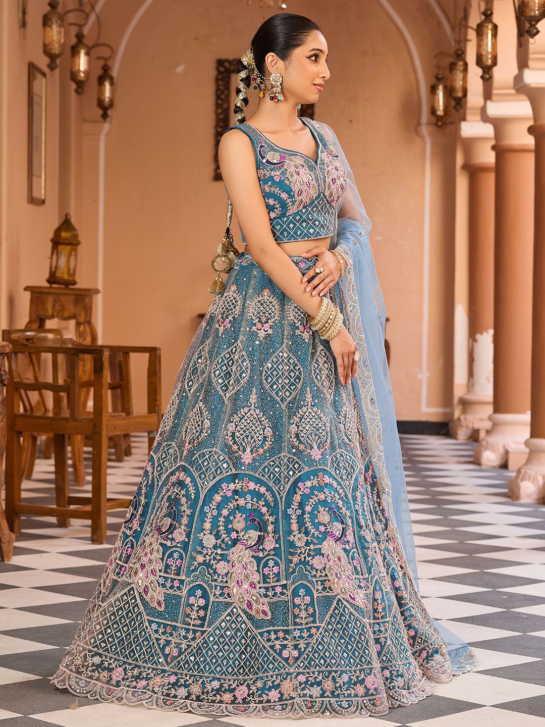 TEAL - Net Fabric Sequins embroidery Semi-Stitched Lehenga & Unstitched Blouse With Dupatta