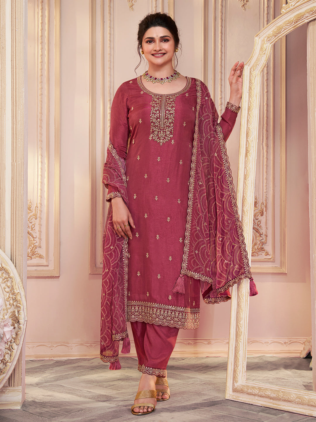Dusty Red Vichitra Sequins Embroidered Kurta Suit Set