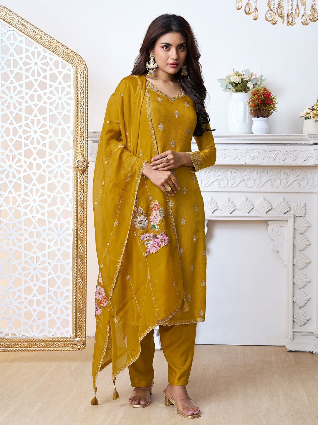 Mustard Yellow Cutwork Neckline Dola Silk Kurta Suit Set with Floral Aplique Dupatta - qivii