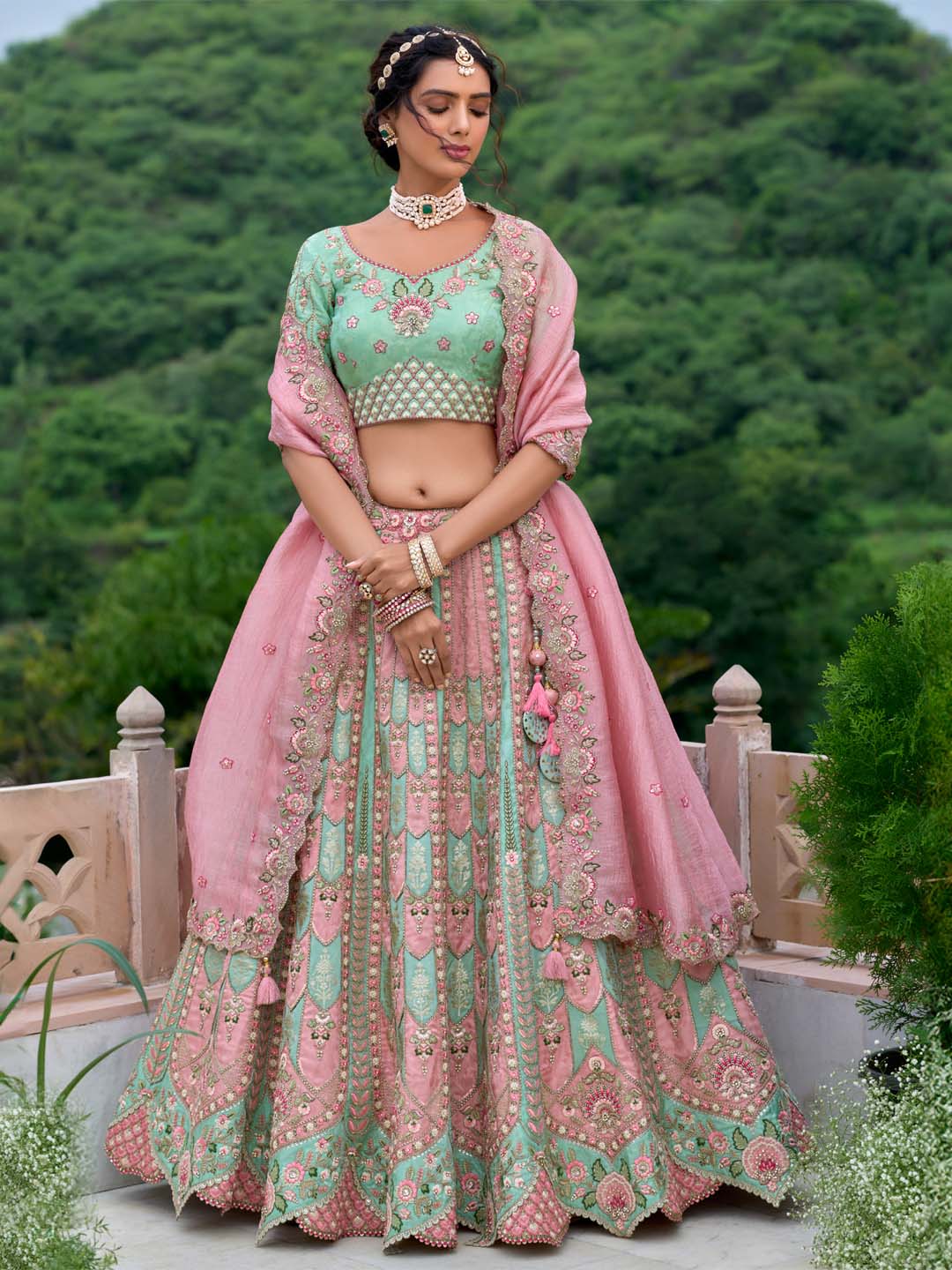 Seagreen-Pink Pure Viscos Patch-Work Embroidered Semi Stitched Lehenga Choli - qivii