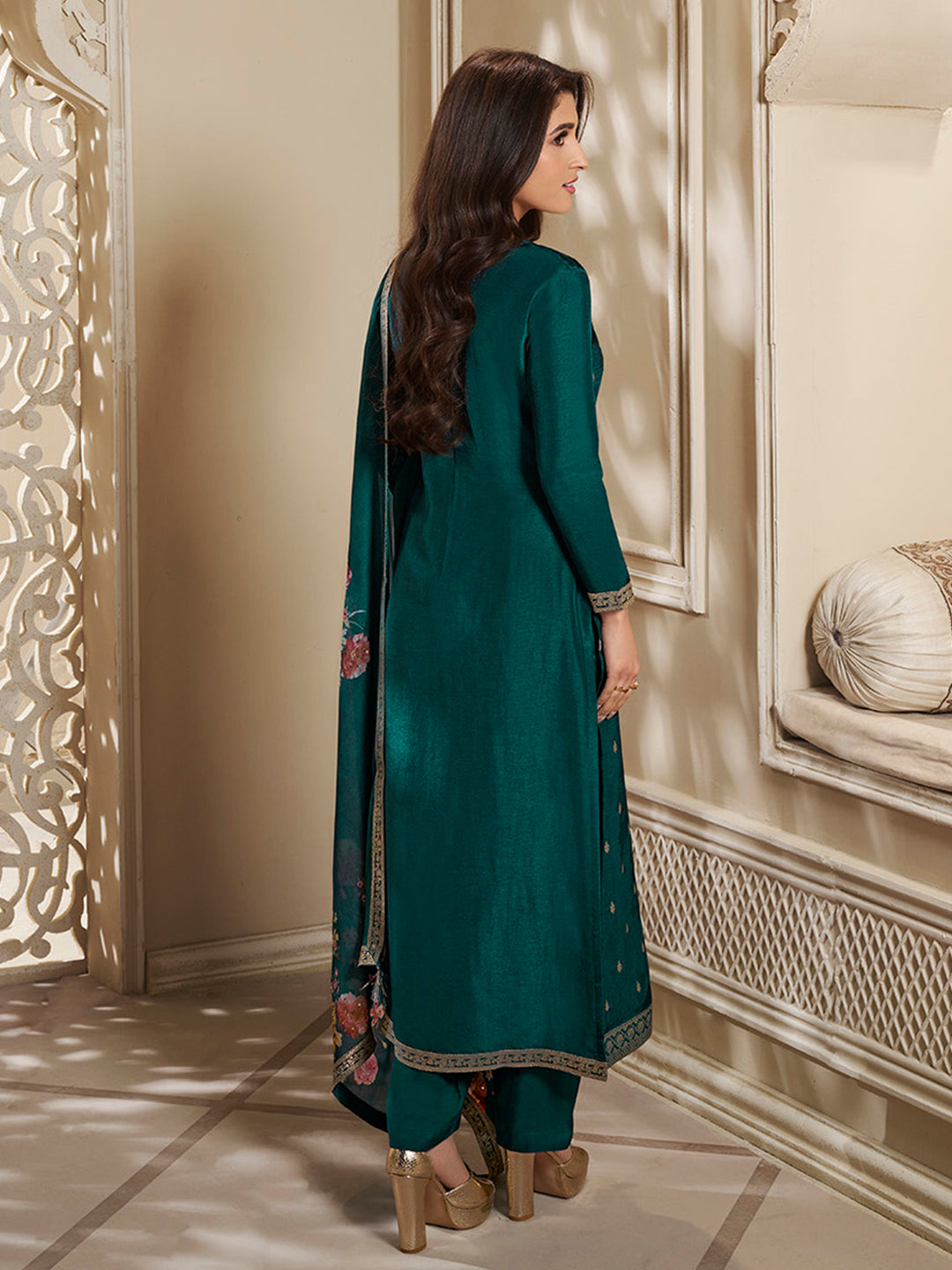 Dola Silk Jacquard Green Kurta With designer Yoke and handwork with trousers and Dupatta