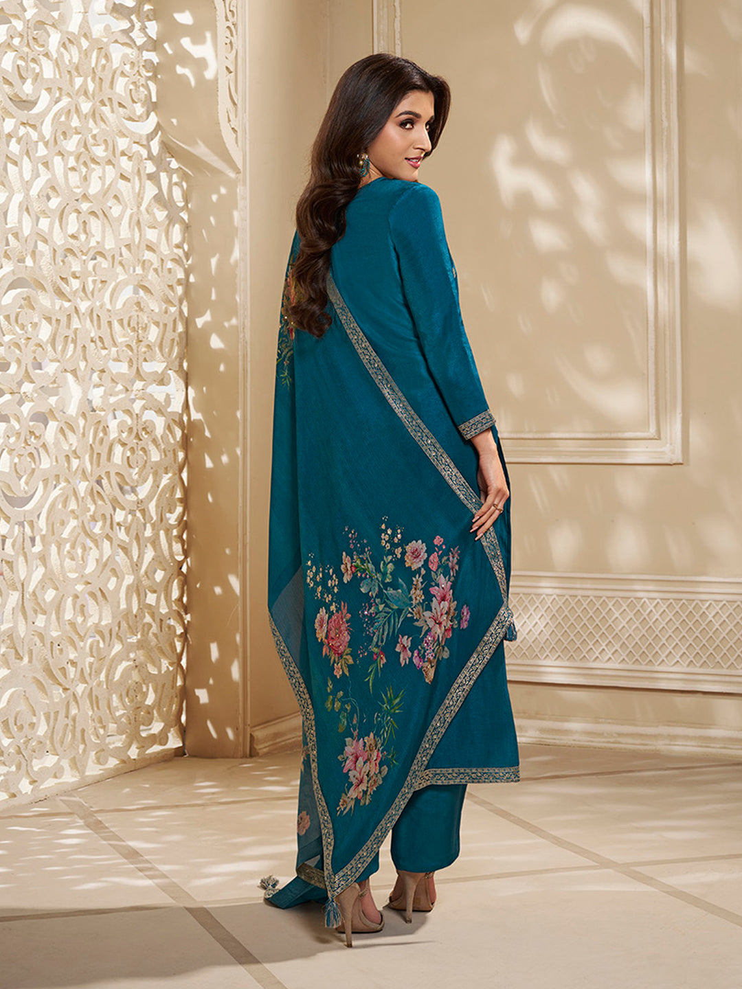 Dola Silk Jacquard Blue Kurta With designer Yoke and handwork with trousers and Dupatta
