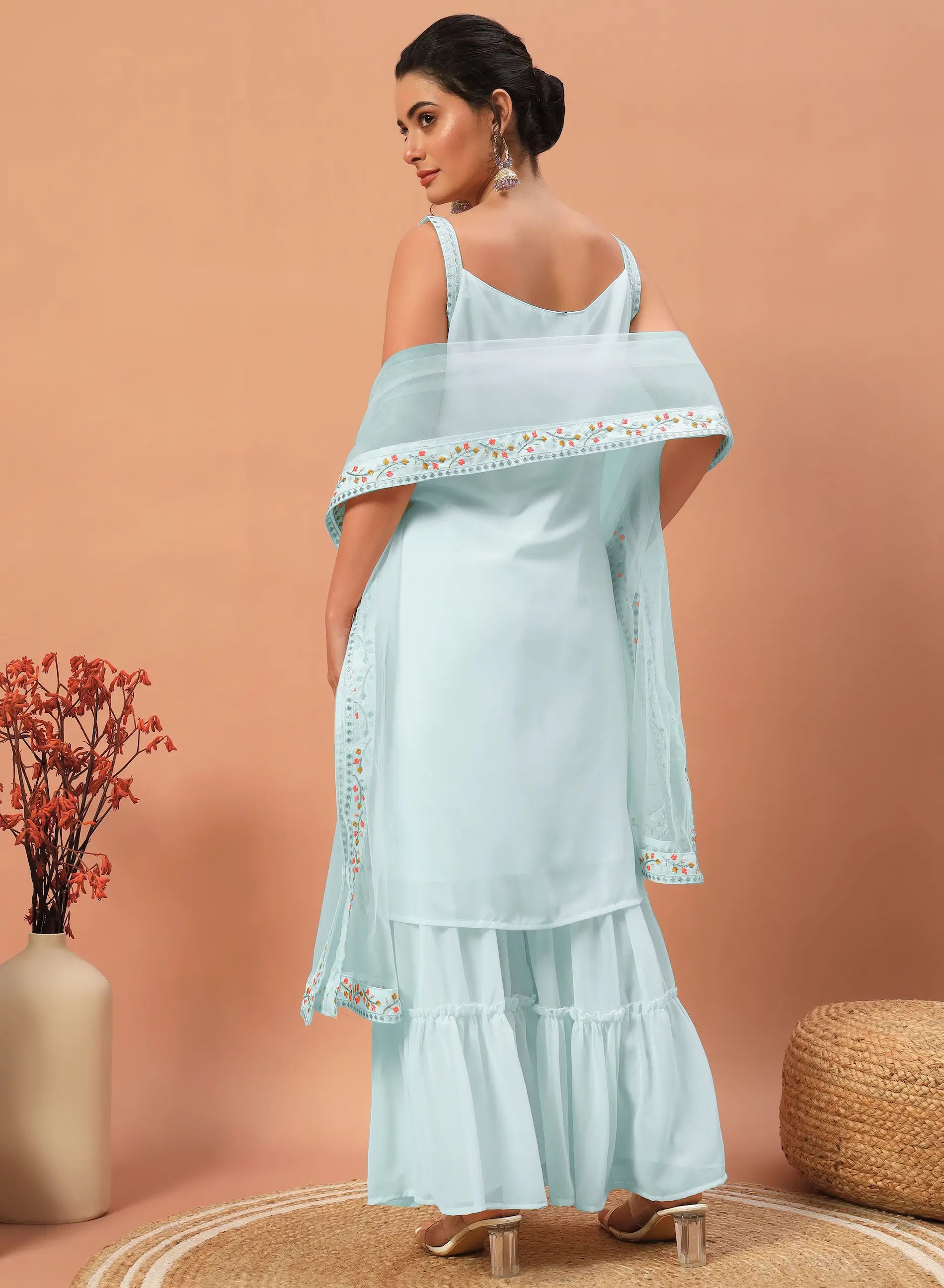 Sky Blue Georgette Sequence Embroidery Work Salwar Suit - qivii