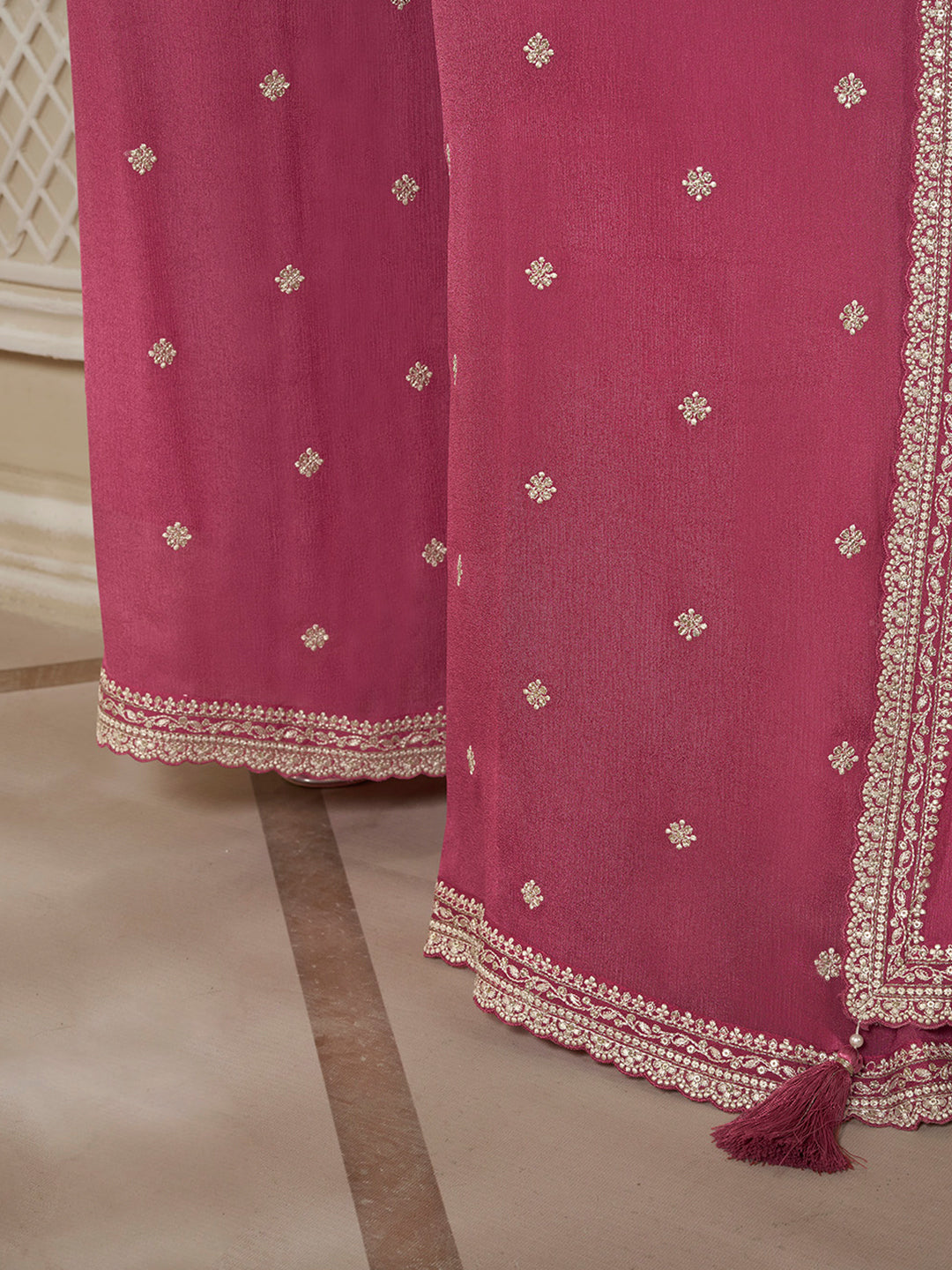 Deep Rose Floral Pattern, Thread and Sequins Embroidered Sharara Suit Set