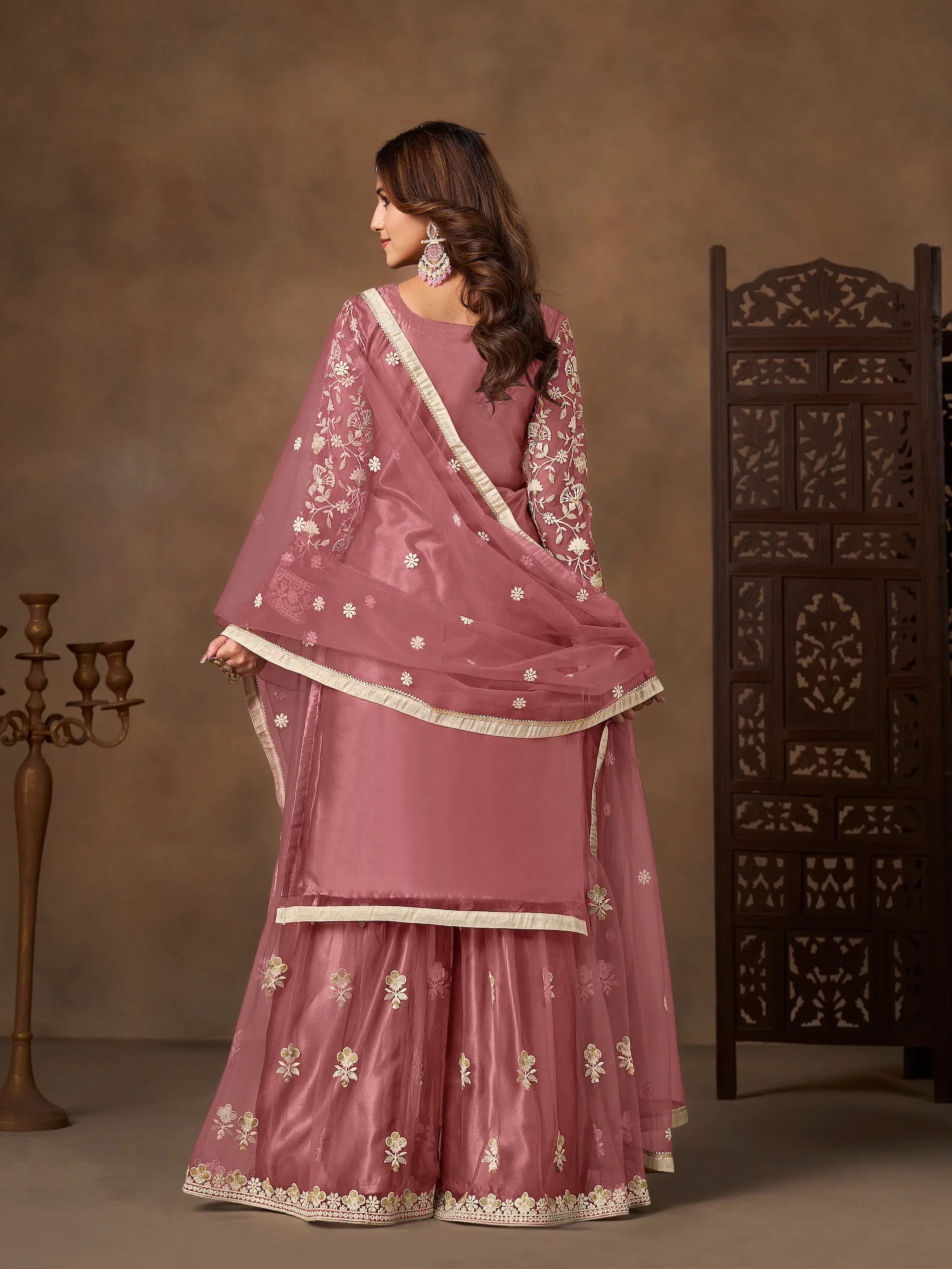 Brownish Pink Net Embroidery Palazzo Suit
