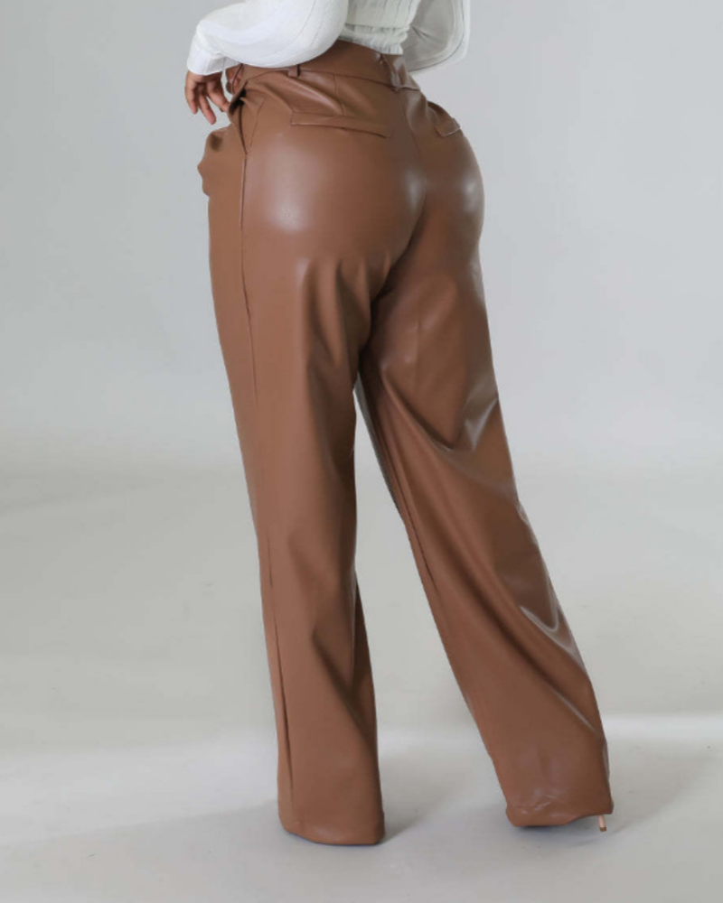 PU Leather Loose Wide-leg Pocket Casual Leather Pants - By Qivii