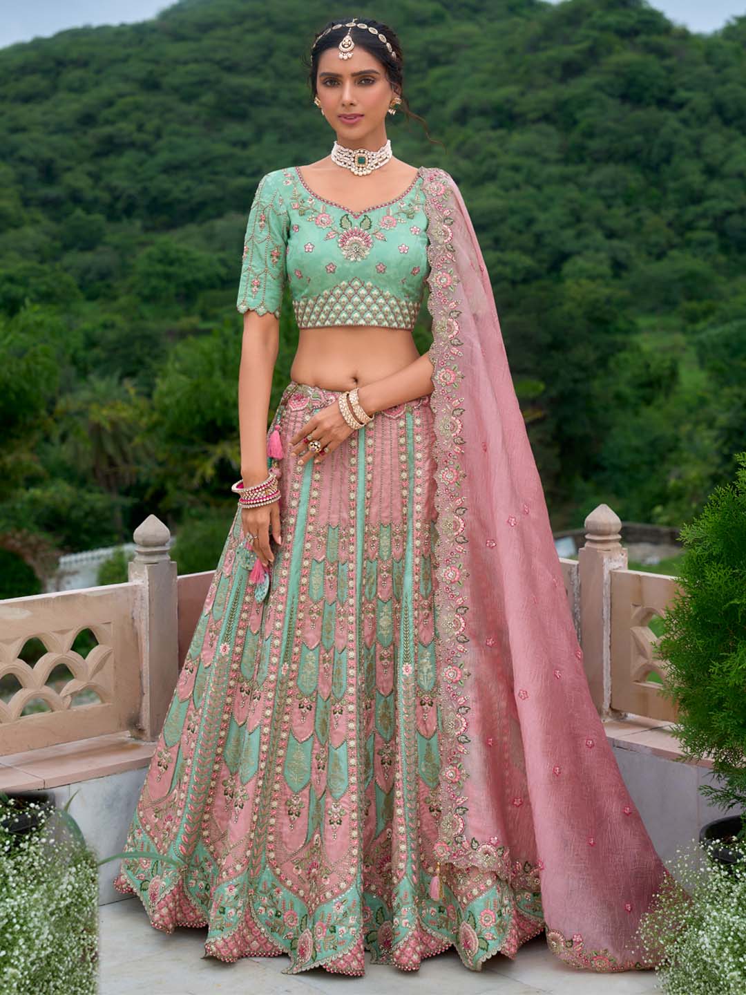 Seagreen-Pink Pure Viscos Patch-Work Embroidered Semi Stitched Lehenga Choli - qivii