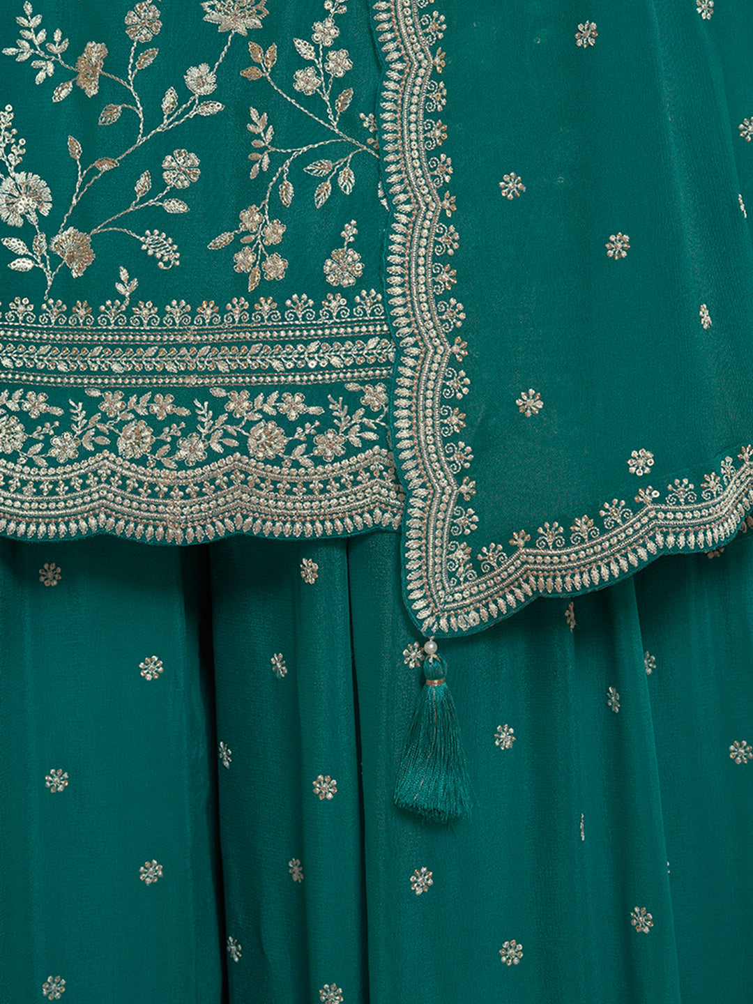 Turquoise Floral Pattern, Thread and Sequins Embroidered Sharara Suit Set