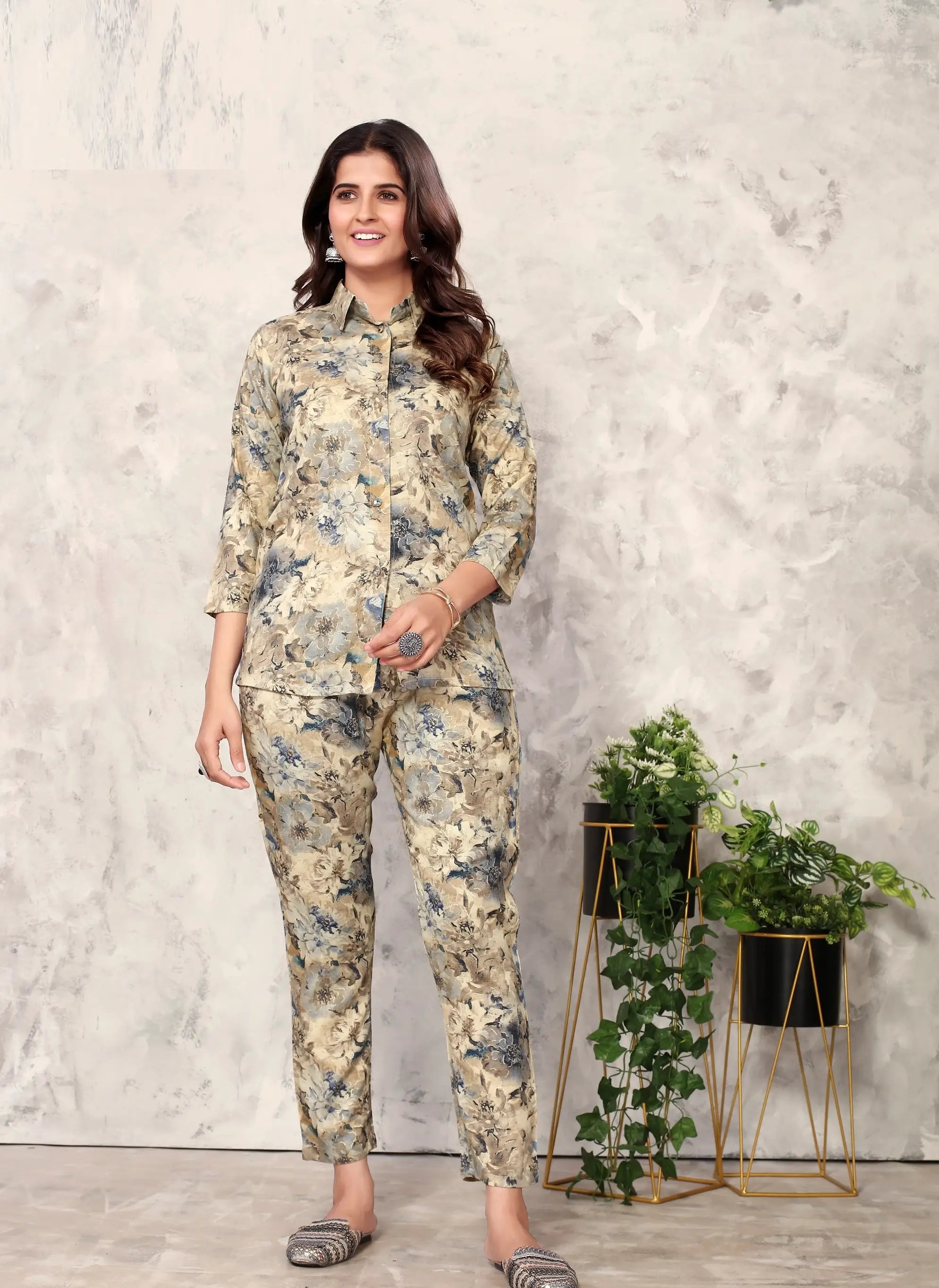 Yellowish Floral Co-ord Set. - qivii