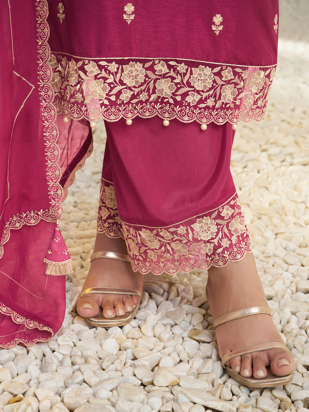 Floral and Geometric Threadwork Cherry Pink Kurta Set with Hanging Pearl Daman, Straight Pant, and Dupatta