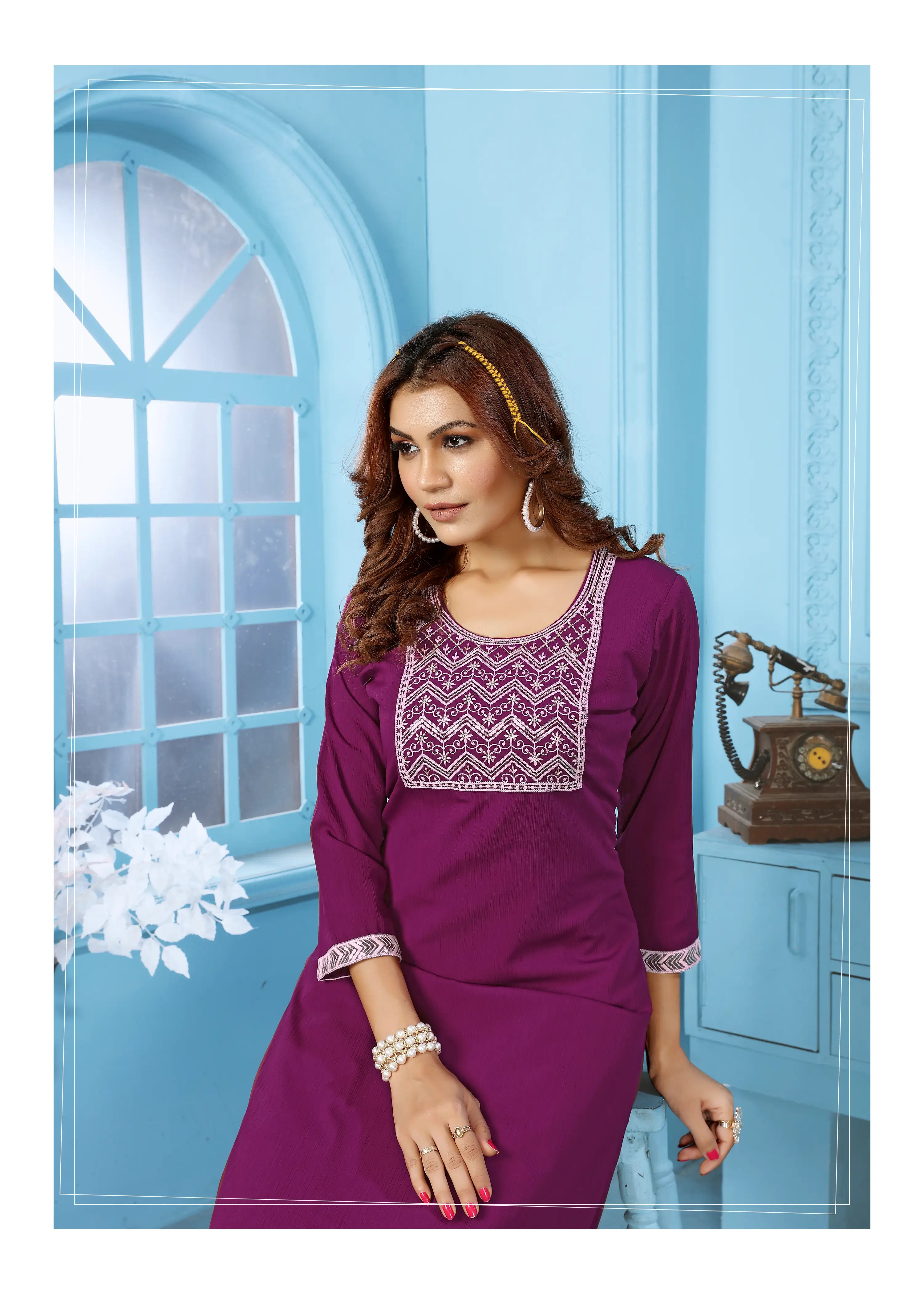 Mulberry Purple Kurta Set With Embroidery Work - qivii