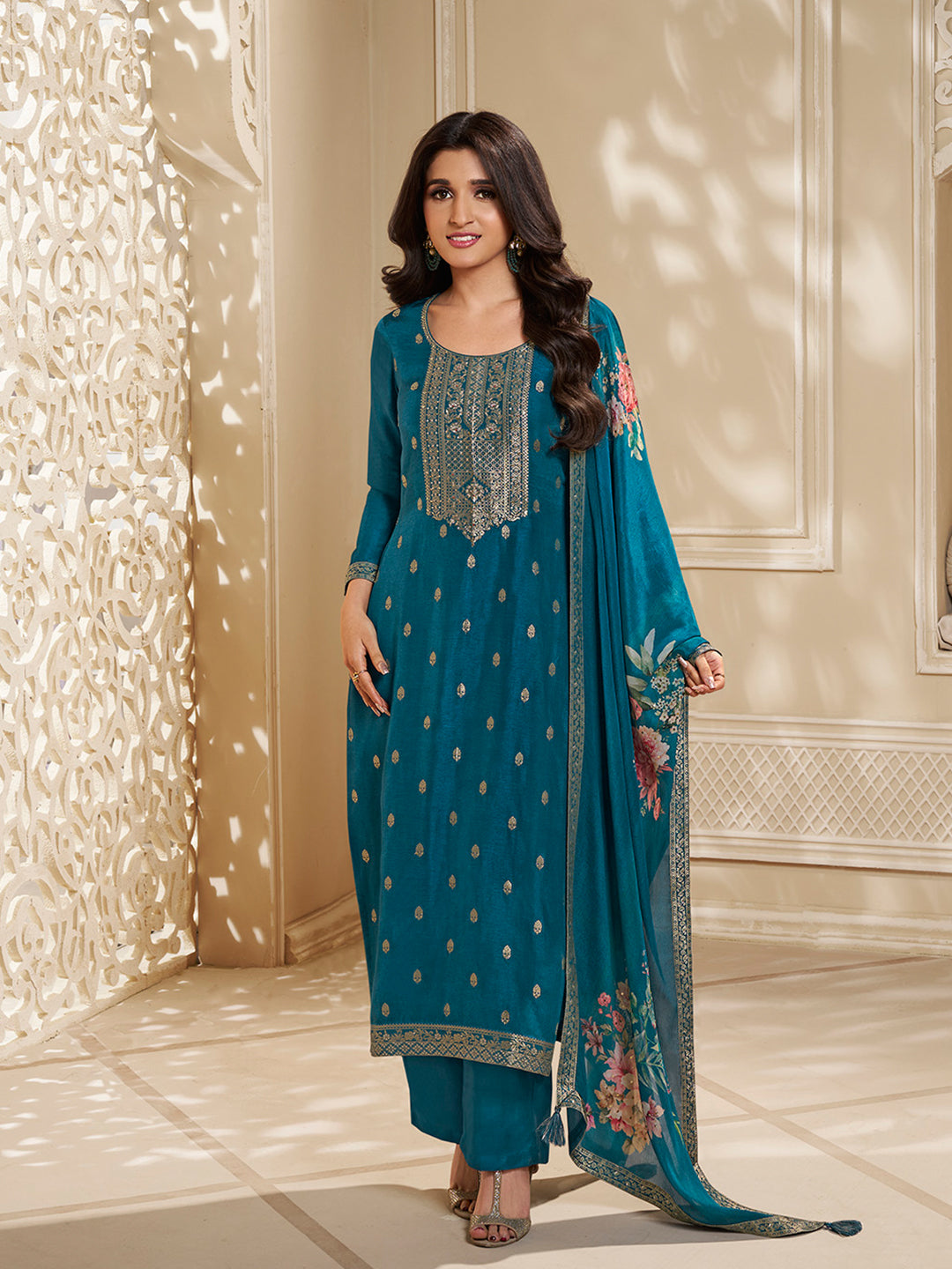 Dola Silk Jacquard Blue Kurta With designer Yoke and handwork with trousers and Dupatta