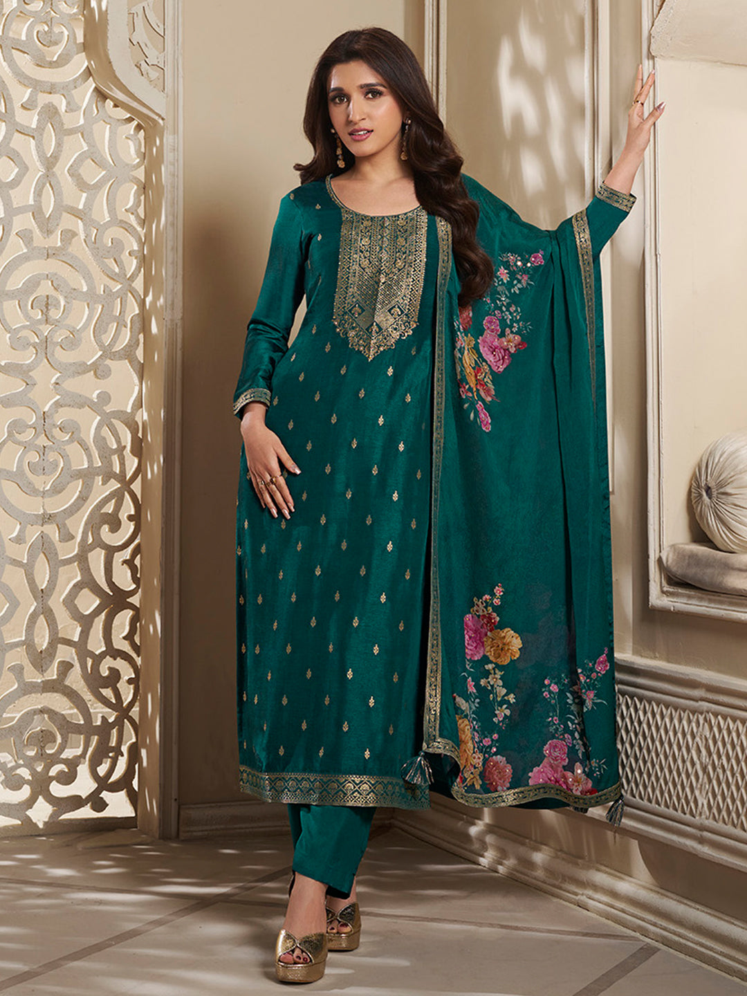 Dola Silk Jacquard Green Kurta With designer Yoke and handwork with trousers and Dupatta