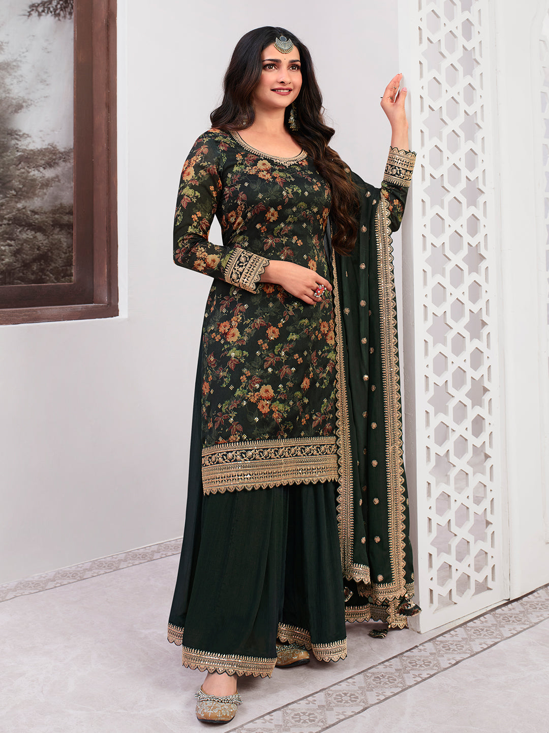 Green Printed with Embroidered Sharara Suit Set