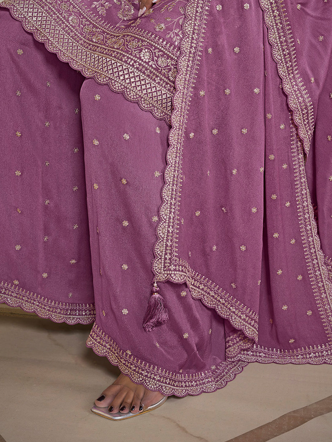 Twilight lavender Floral Pattern, Thread and Sequins Embroidered Sharara Suit Set - qivii