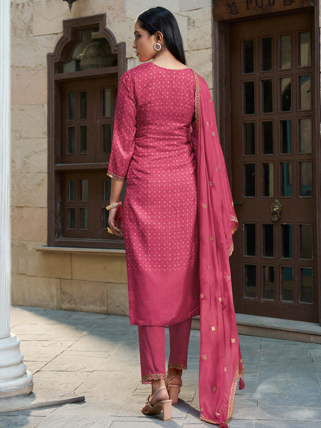 Digital Bandhani Printed Kurta with Trouser & Scalloped Dupatta