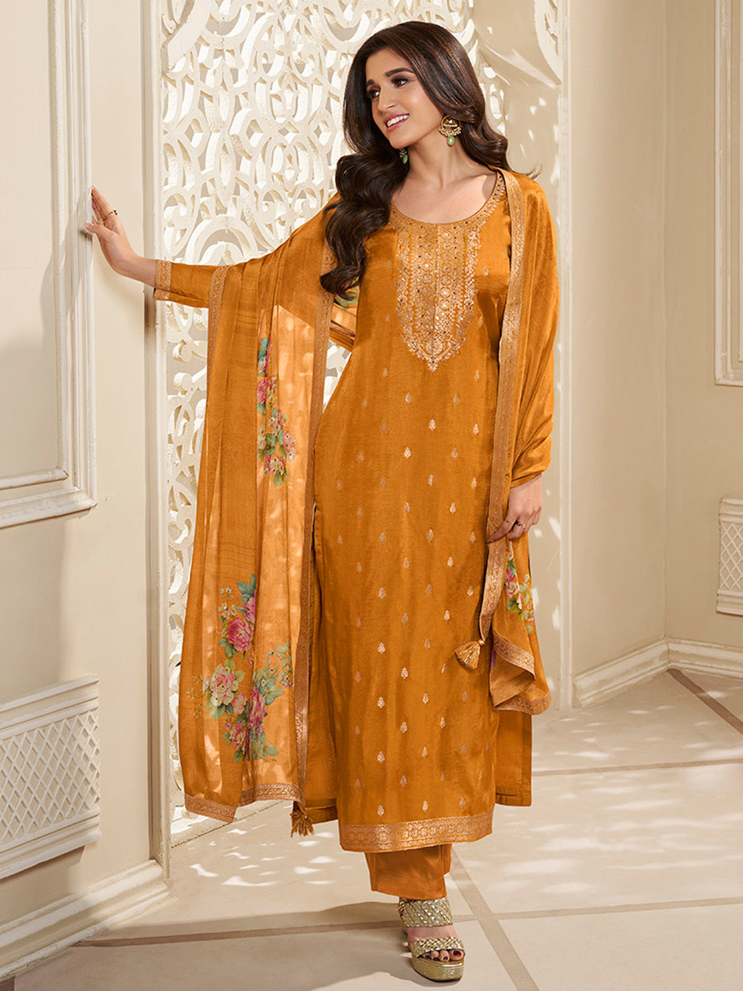 Dola Silk Jacquard Yellow Kurta With designer Yoke and handwork with trousers and Dupatta