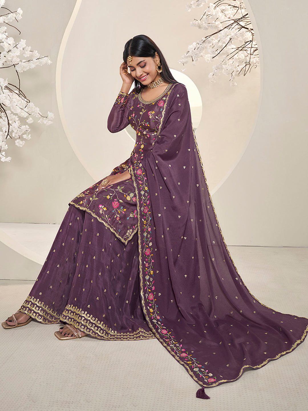 Purple Multi Colour Floral Thread & Embroidered Sharara Suit Set