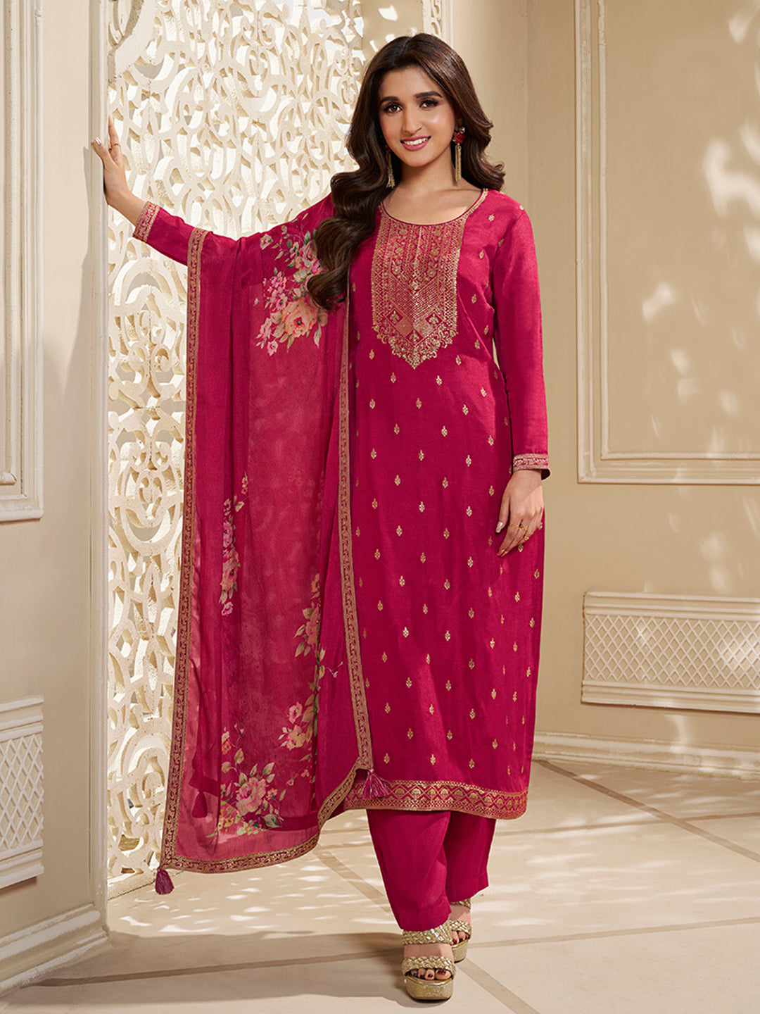 Dola Silk Jacquard Red Kurta With designer Yoke and handwork with trousers and Dupatta