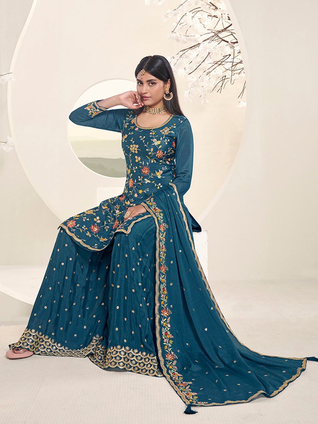 Blue Multi Colour Floral Thread & Embroidered Sharara Suit Set