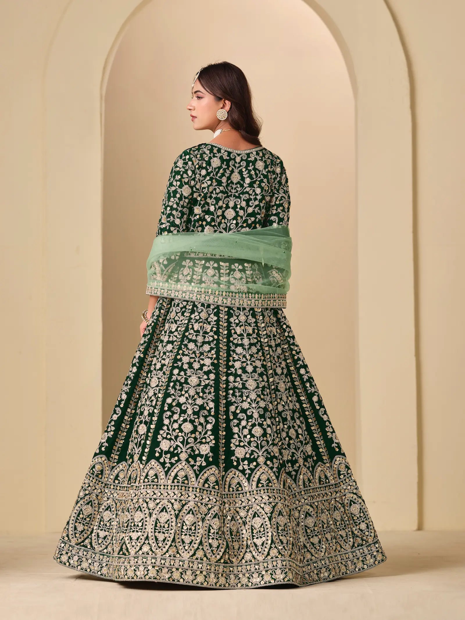 Emerald Green Velvet Heavy Embroidered Gown