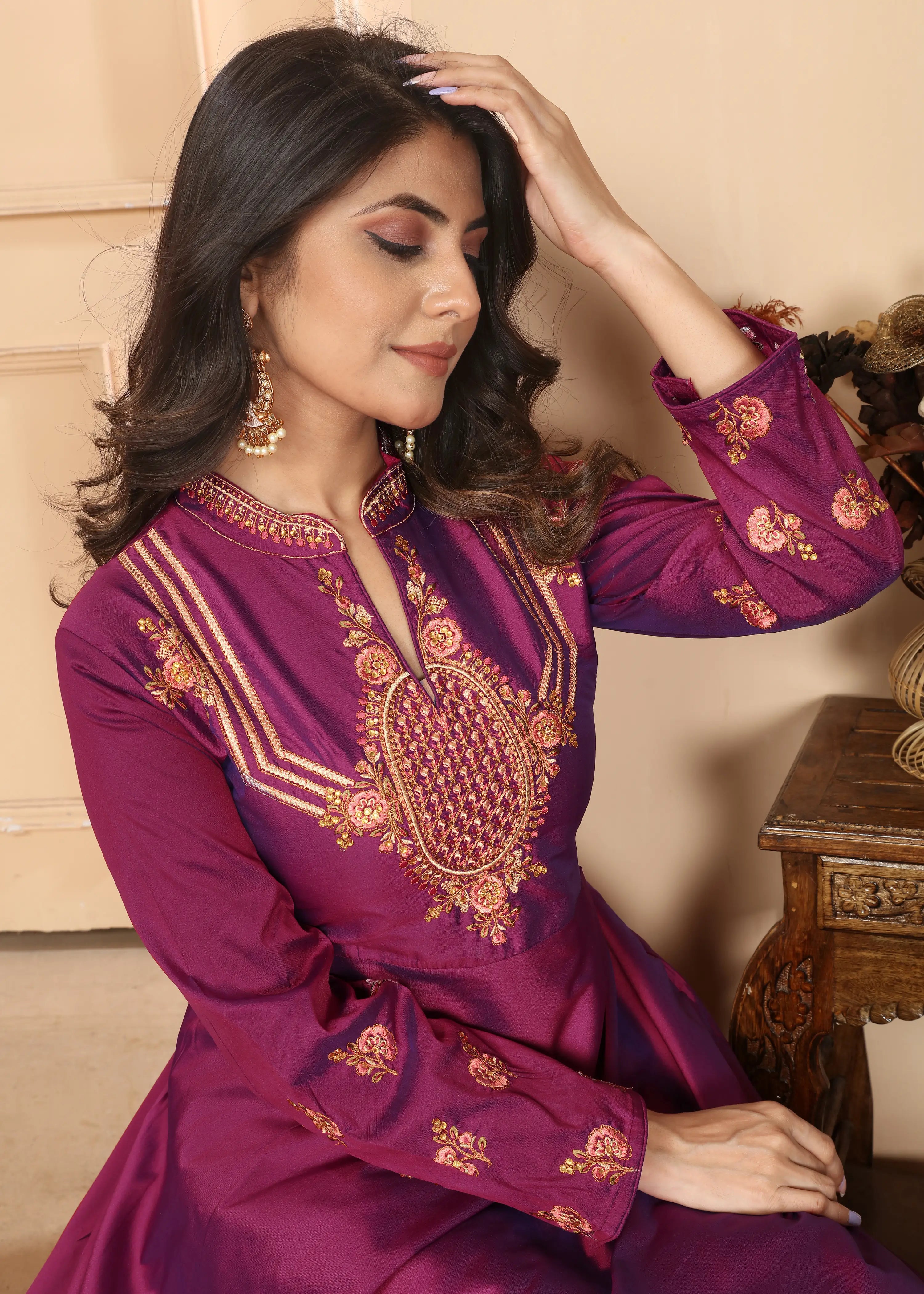 Dark Pink Gown With Heavy Embroidery Work - qivii