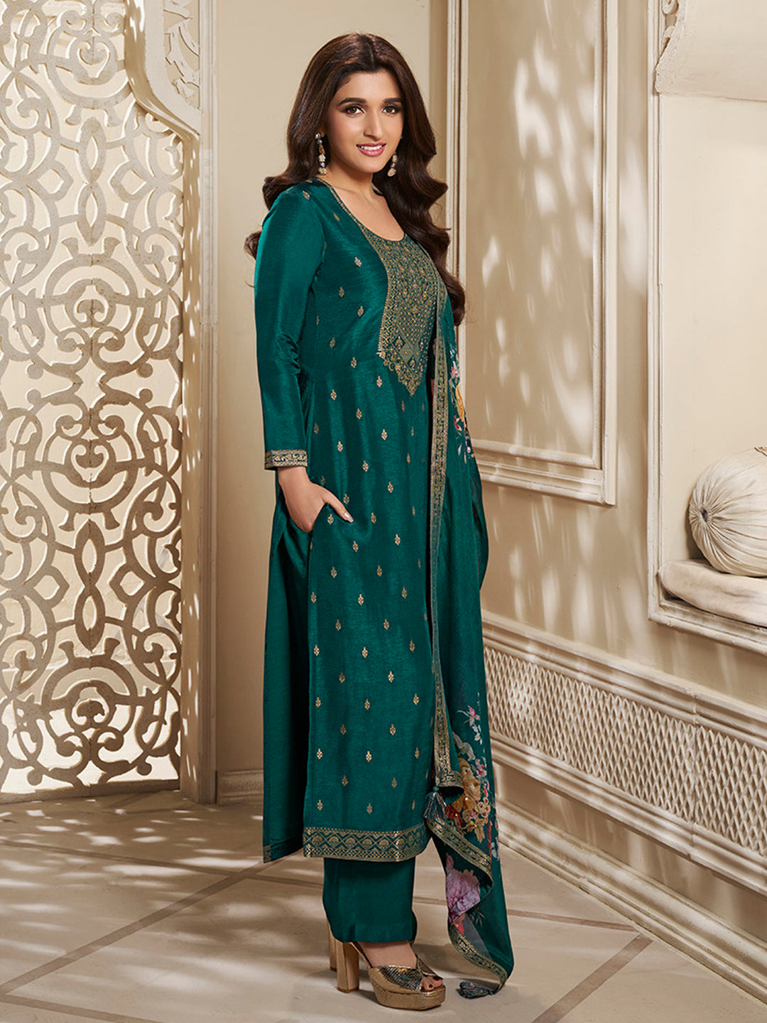 Dola Silk Jacquard Green Kurta With designer Yoke and handwork with trousers and Dupatta