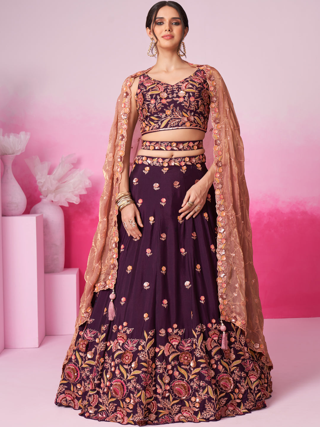 Burgundy - Golden Dull-Bright Sequin,Threaded,Zarkan Embroidered Organza Semi-Stitched Lehenga choli - qivii