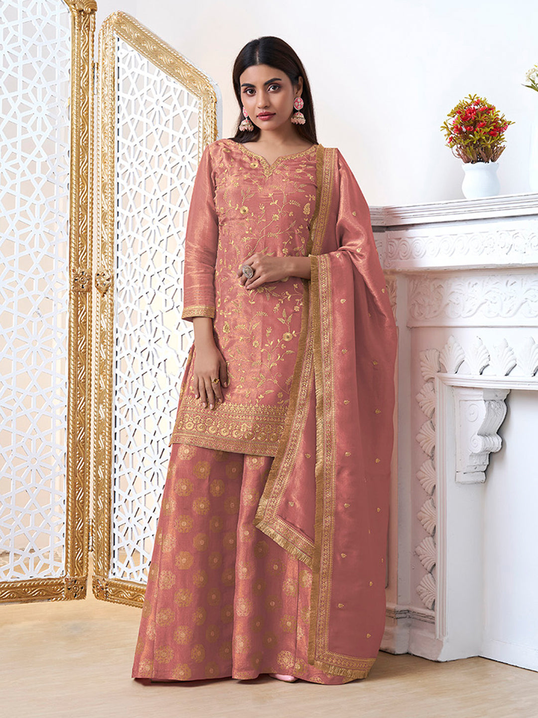 Peach Tissue with Pitta work Gold Jhalar Dupatta Sharara Suit Set - qivii
