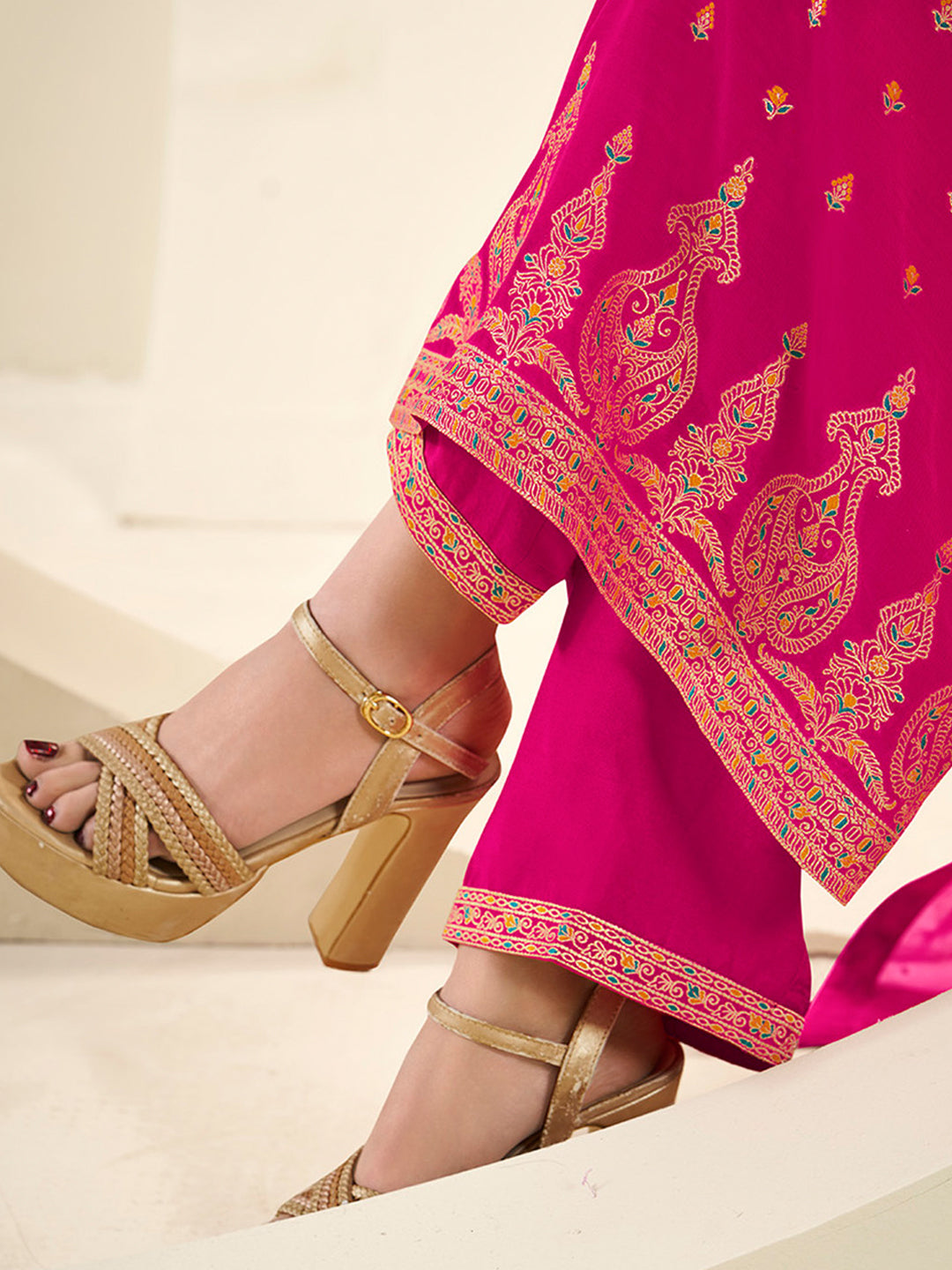 Hot Pink Muslin Jacquard Kurta Suit Set with Multi Contrast Thread Weave and Paisley Pattern Daman