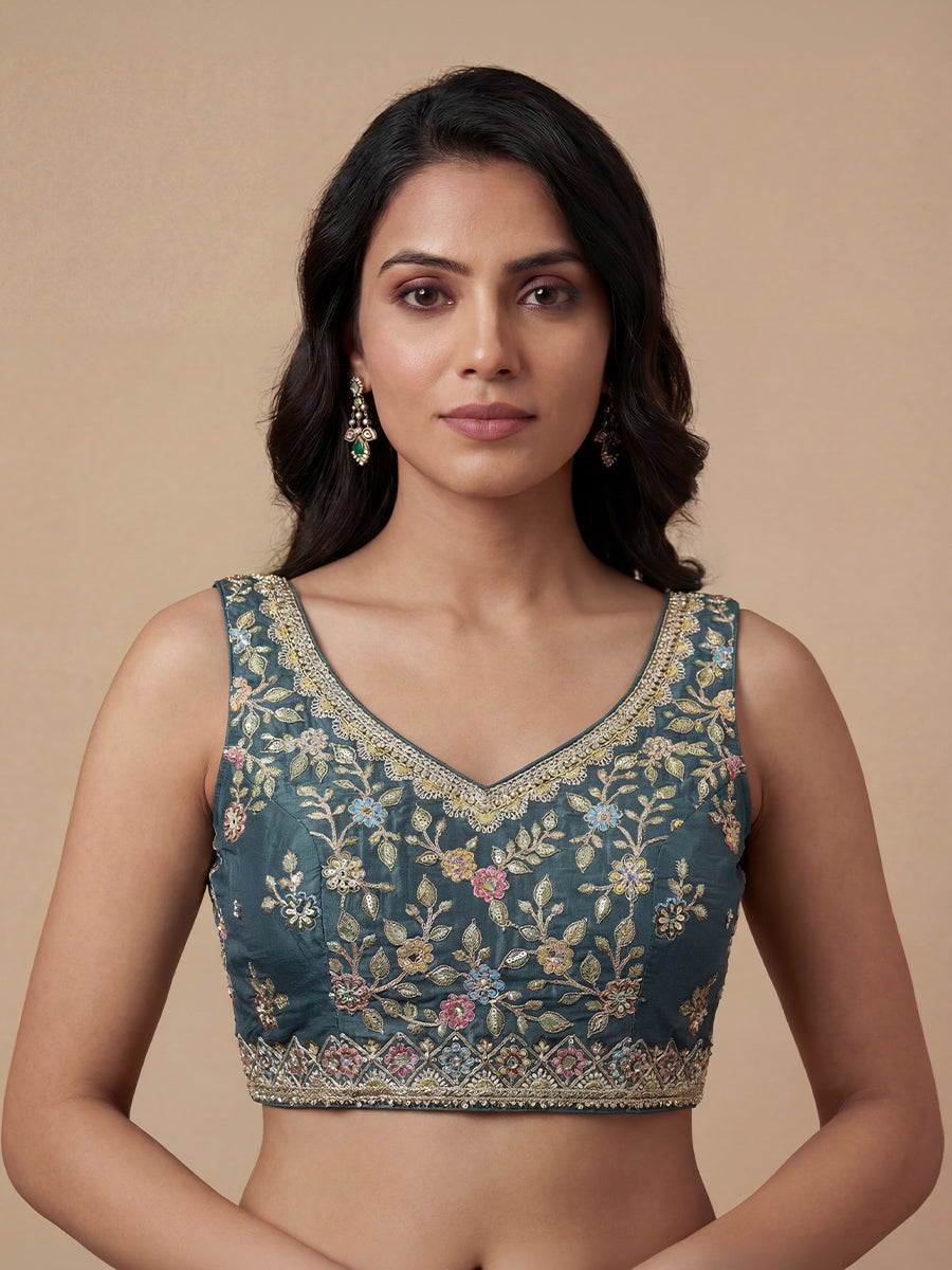 Teal Color Satin Silk Sequins & Multi-color Thread Embroidered Lehenga set