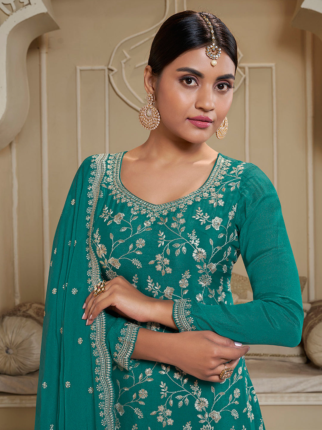 Turqouise Floral Pattern, Thread and Sequins Embroidered Sharara Suit Set - qivii