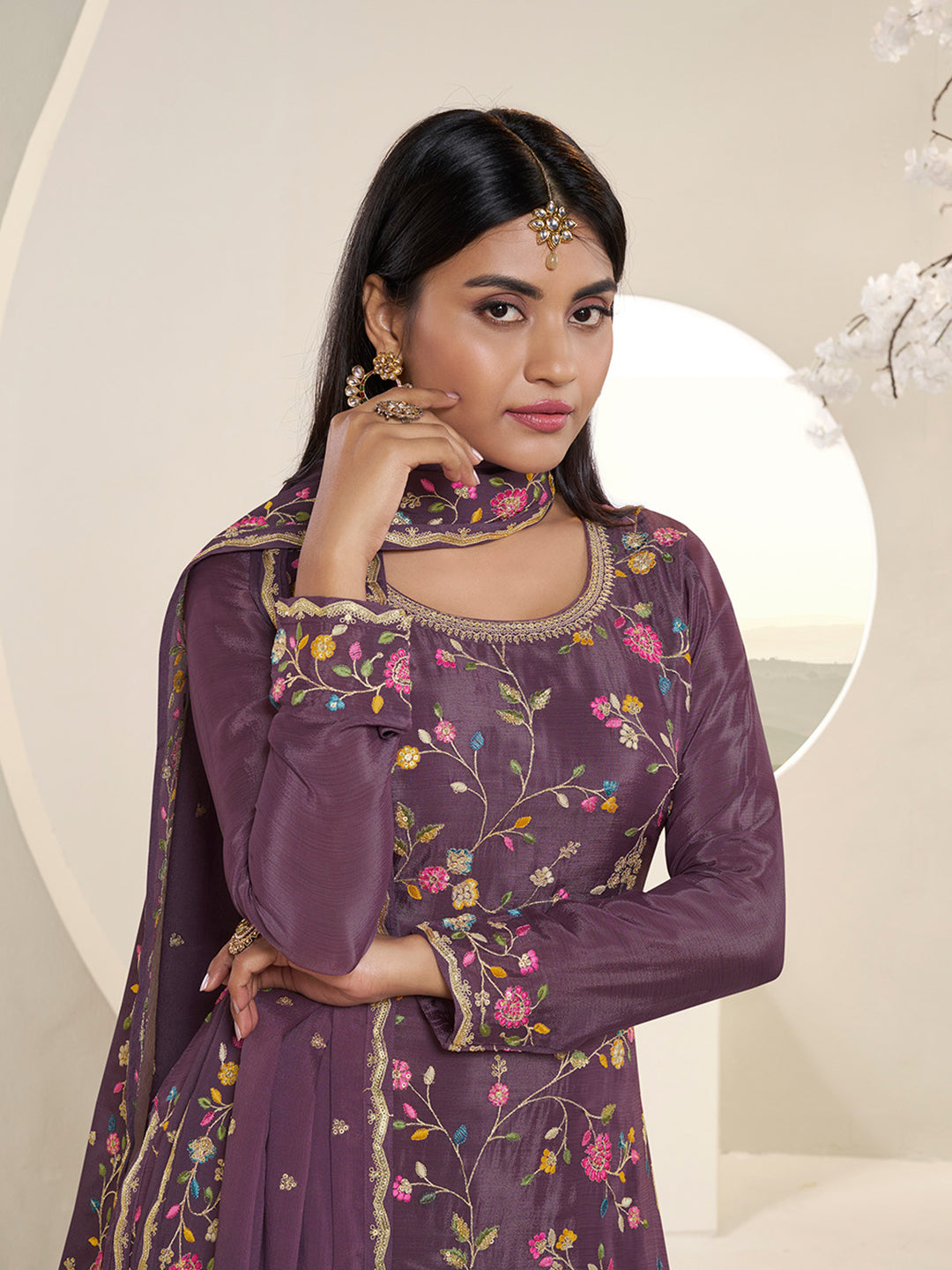 Purple Multi Colour Floral Thread & Embroidered Sharara Suit Set