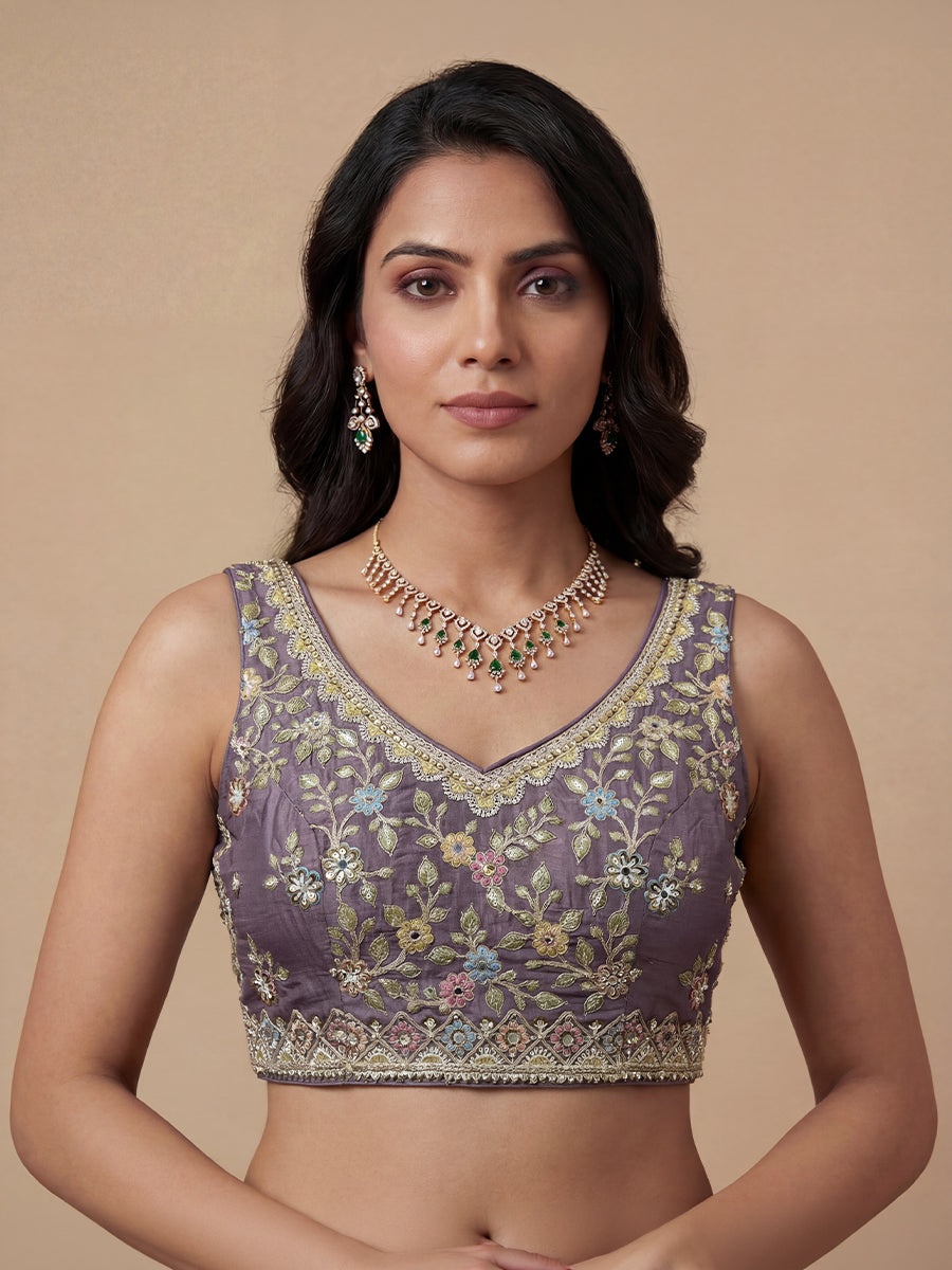 Lavender Color Satin Silk Sequins & Multi-color Thread Embroidered Lehenga set