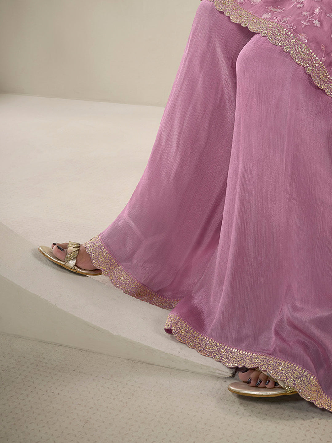 Pink Floral Pattern, Thread with Sequins & Zari Embroidered Sharara Suit Set